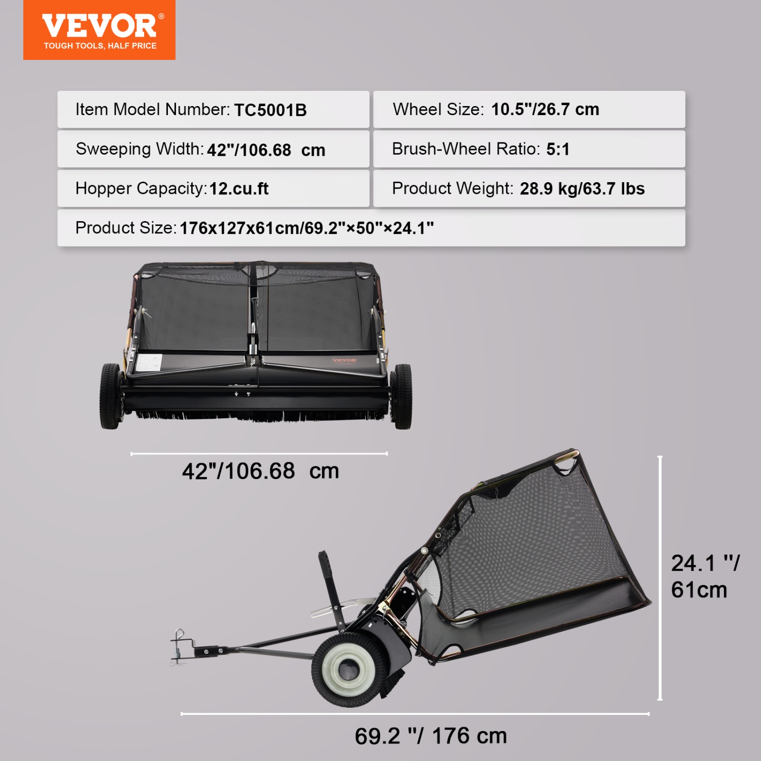 VEVOR 42-inch Lawn Sweeper Tow Behind, 12 cu.ft. Large Pull Behind Grass Sweeper, Heavy Duty Leaf & Grass Collector with Dumping Rope Design
