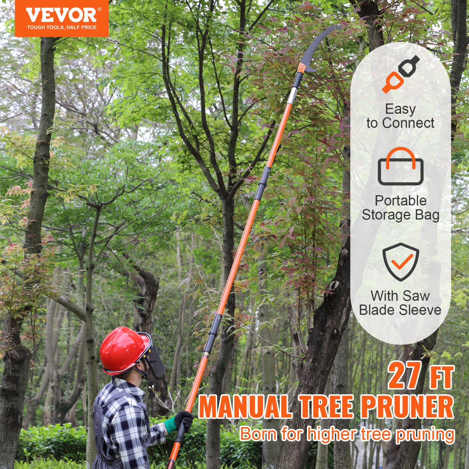 VEVOR Manual Pole Saw, 7.3-27 ft Extendable Tree Pruner, Sharp Steel Blade High Branches Trimming, Manual Branch Trimmer with 8 Fiberglass Handles