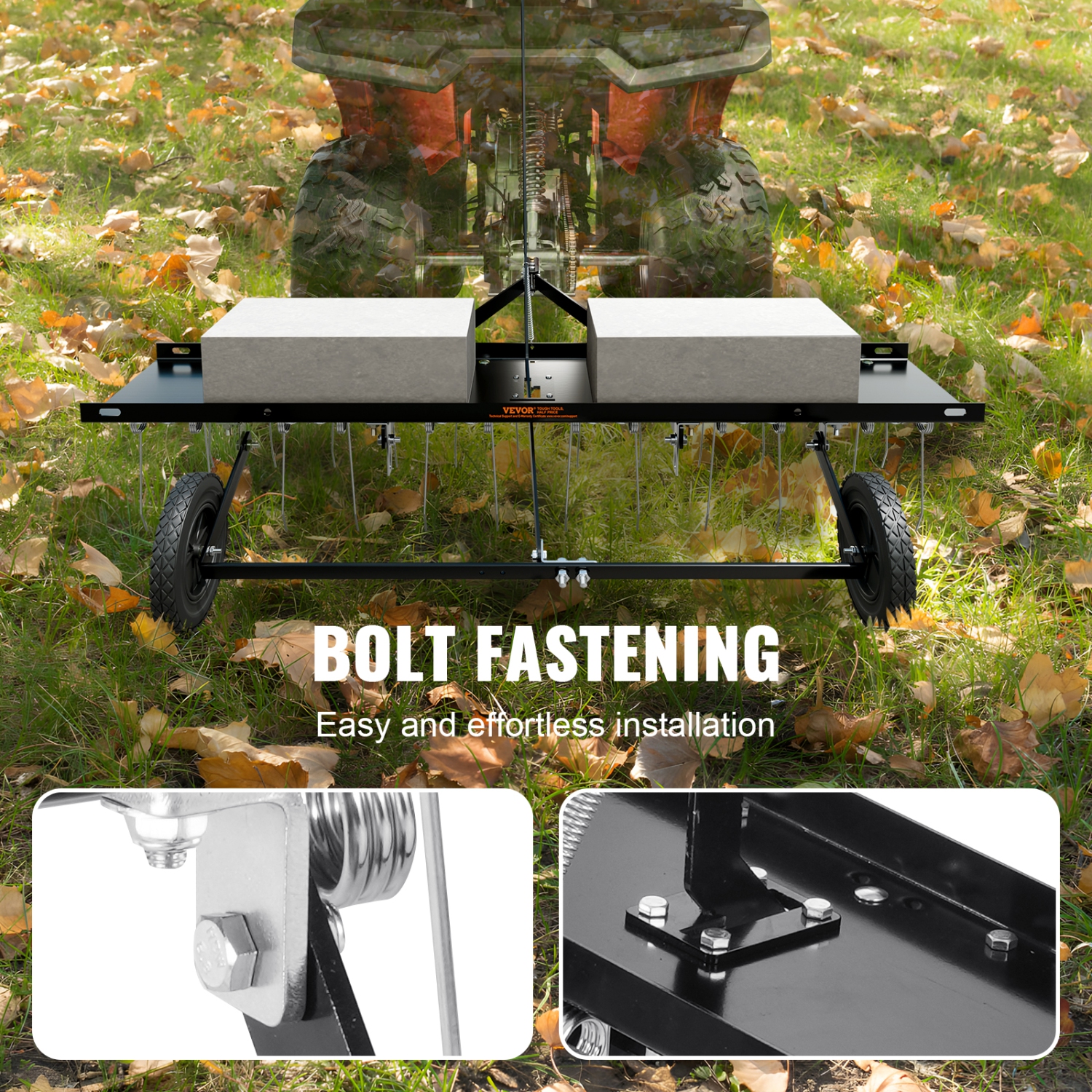 Déchaumeuse de remorquage VEVOR, déchaumeuse de 48 po avec 24 tiges à ressort en acier, râteau déchaumeur pour VTT ou tondeuse, râteau à pelouse