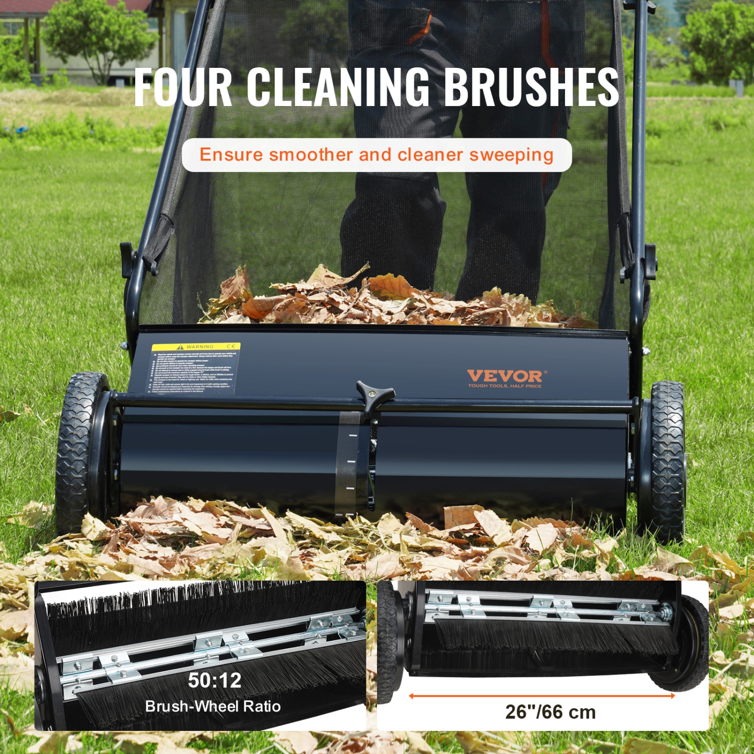 VEVOR Push Lawn Sweeper, 26-inch Leaf & Grass Collector, Strong Rubber Wheels & Heavy Duty Thickened Steel, Durable to Use with Large Capacity 7 cu.