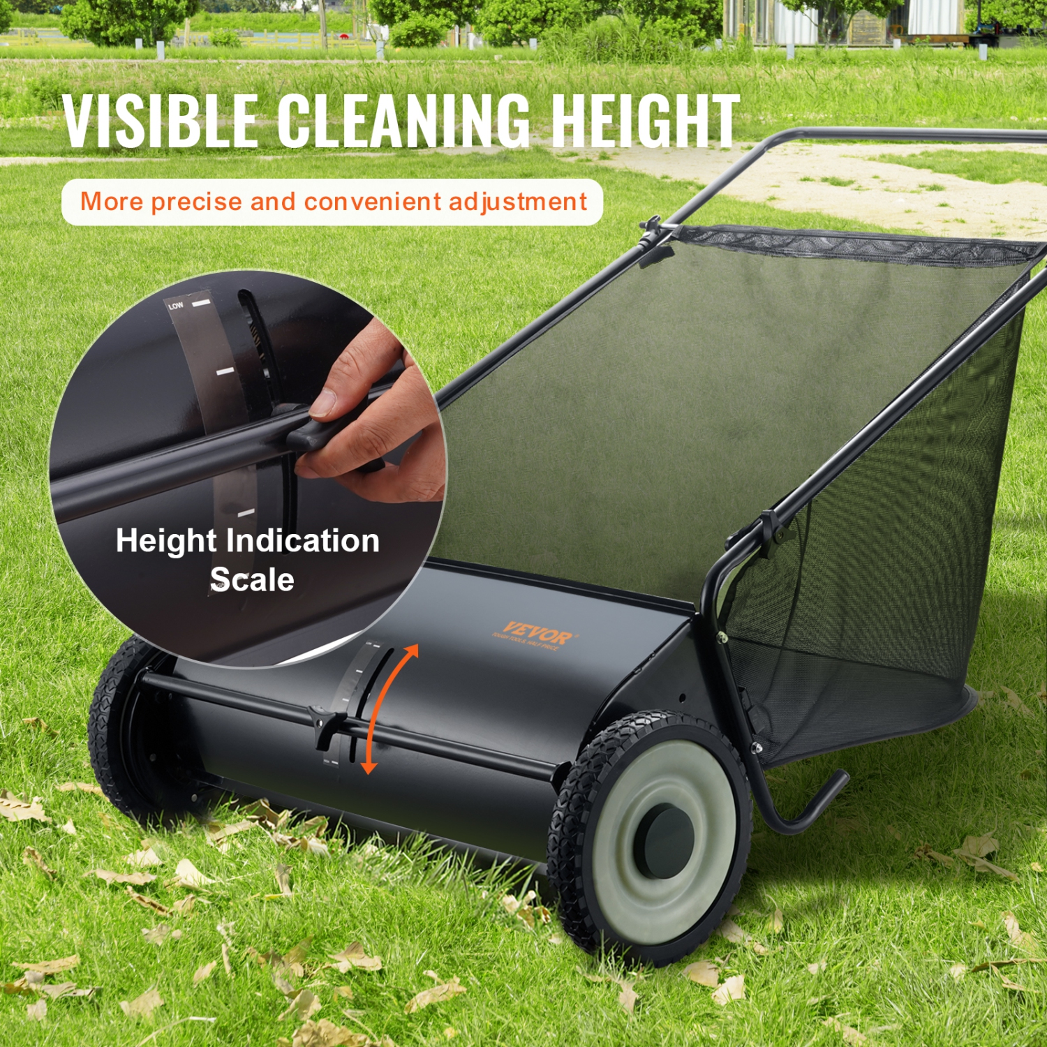 VEVOR Push Lawn Sweeper, 26-inch Leaf & Grass Collector, Strong Rubber Wheels & Heavy Duty Thickened Steel, Durable to Use with Large Capacity 7 cu.