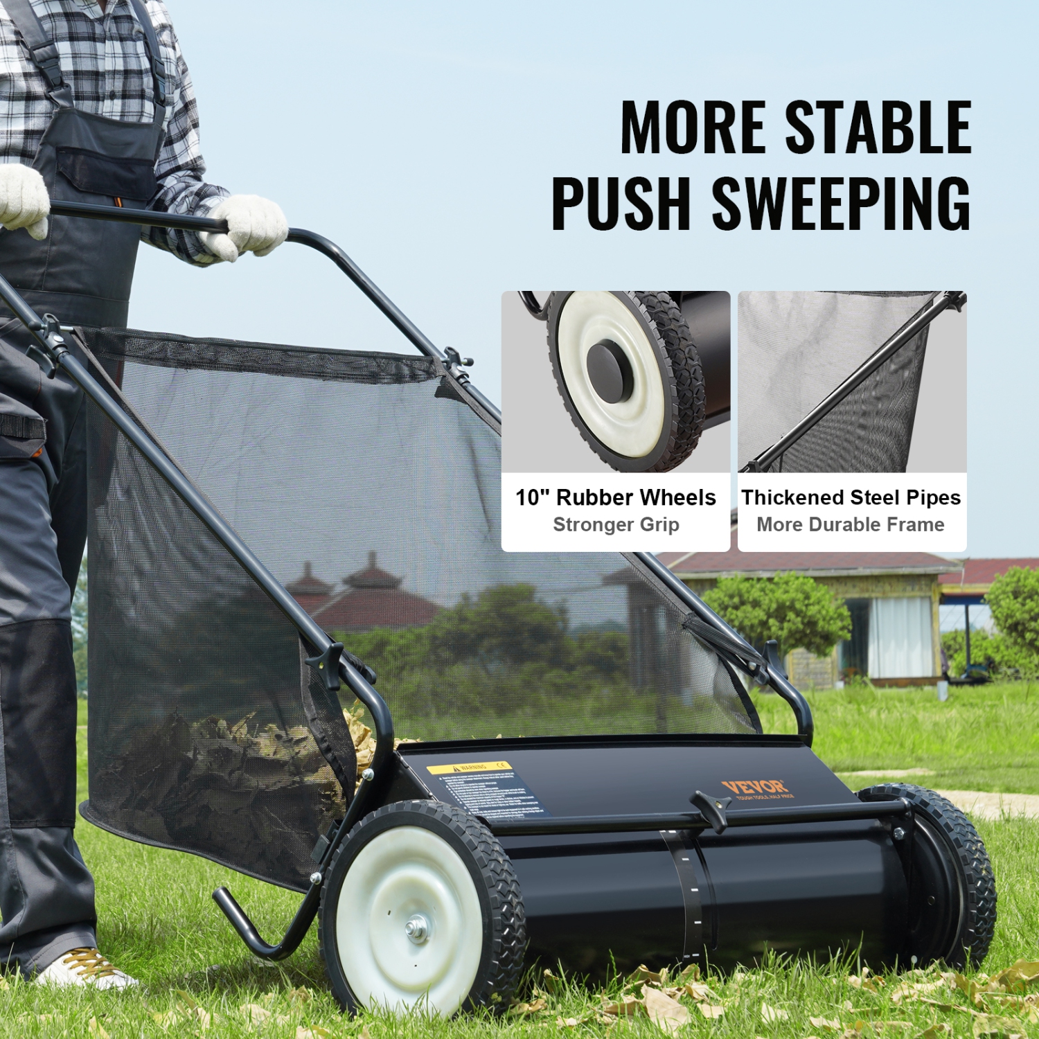 VEVOR Push Lawn Sweeper, 26-inch Leaf & Grass Collector, Strong Rubber Wheels & Heavy Duty Thickened Steel, Durable to Use with Large Capacity 7 cu.