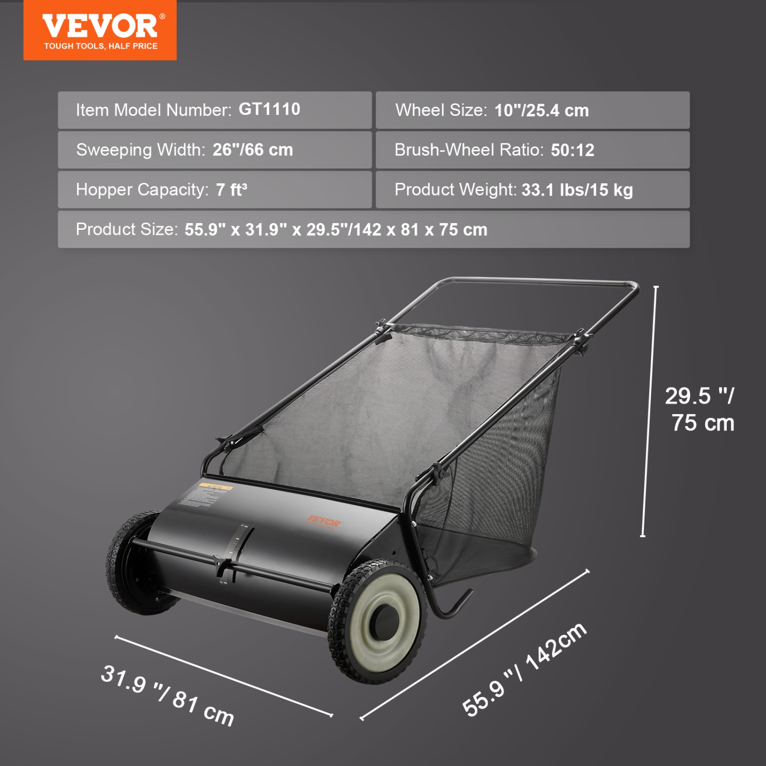 VEVOR Push Lawn Sweeper, 26-inch Leaf & Grass Collector, Strong Rubber Wheels & Heavy Duty Thickened Steel, Durable to Use with Large Capacity 7 cu.