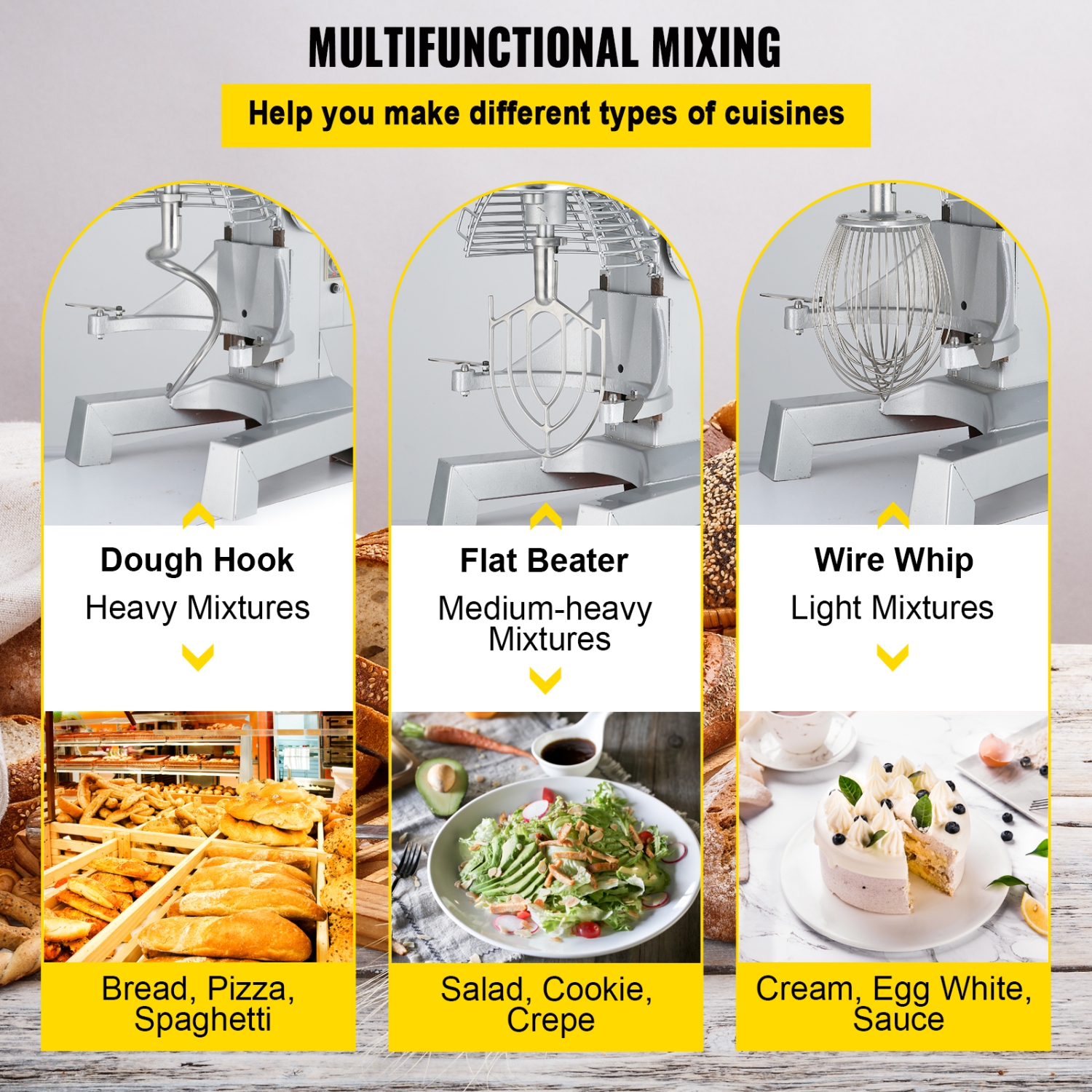 Mélangeur commercial VEVOR 20&nbsp;Qt 750&nbsp;W 3 vitesses réglables 105 180 et robot culinaire 408&nbsp;tr/min robuste avec crochets pétrisseurs en