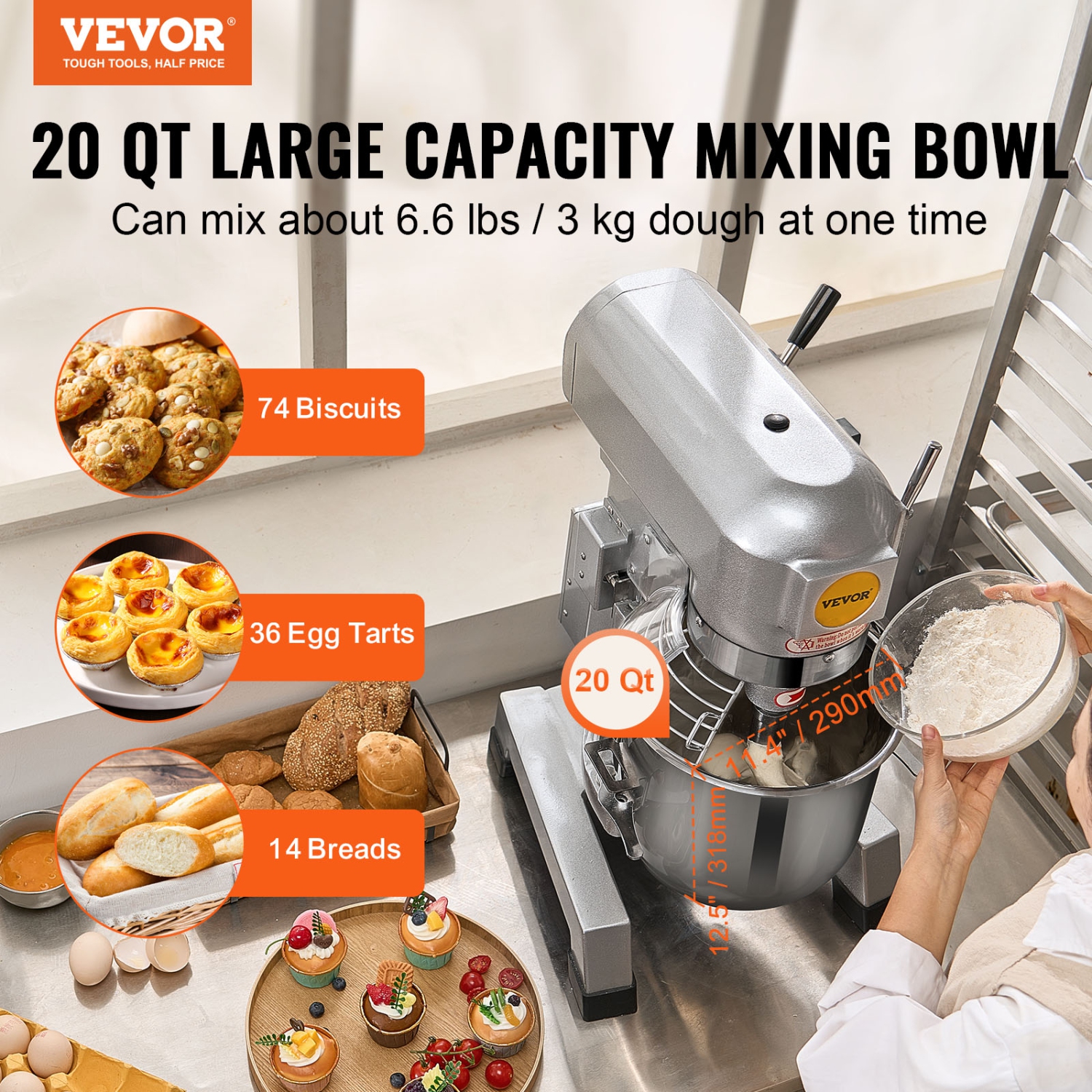 VEVOR Commercial Food Mixer, 18.7L Commercial Stand Mixer with 3 Adjustable Speeds, 1100W Dough Mixer with Stainless Steel Bowl and 3 Mixing