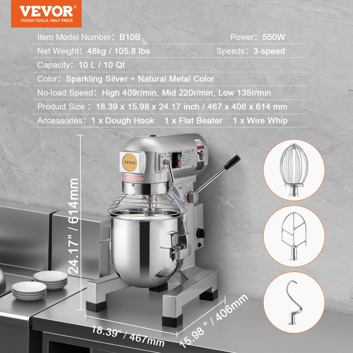 VEVOR Commercial Food Mixer, 10L Commercial Stand Mixer with 3 Adjustable Speeds, 550W Dough Mixer with Stainless Steel Bowl and 3 Mixing