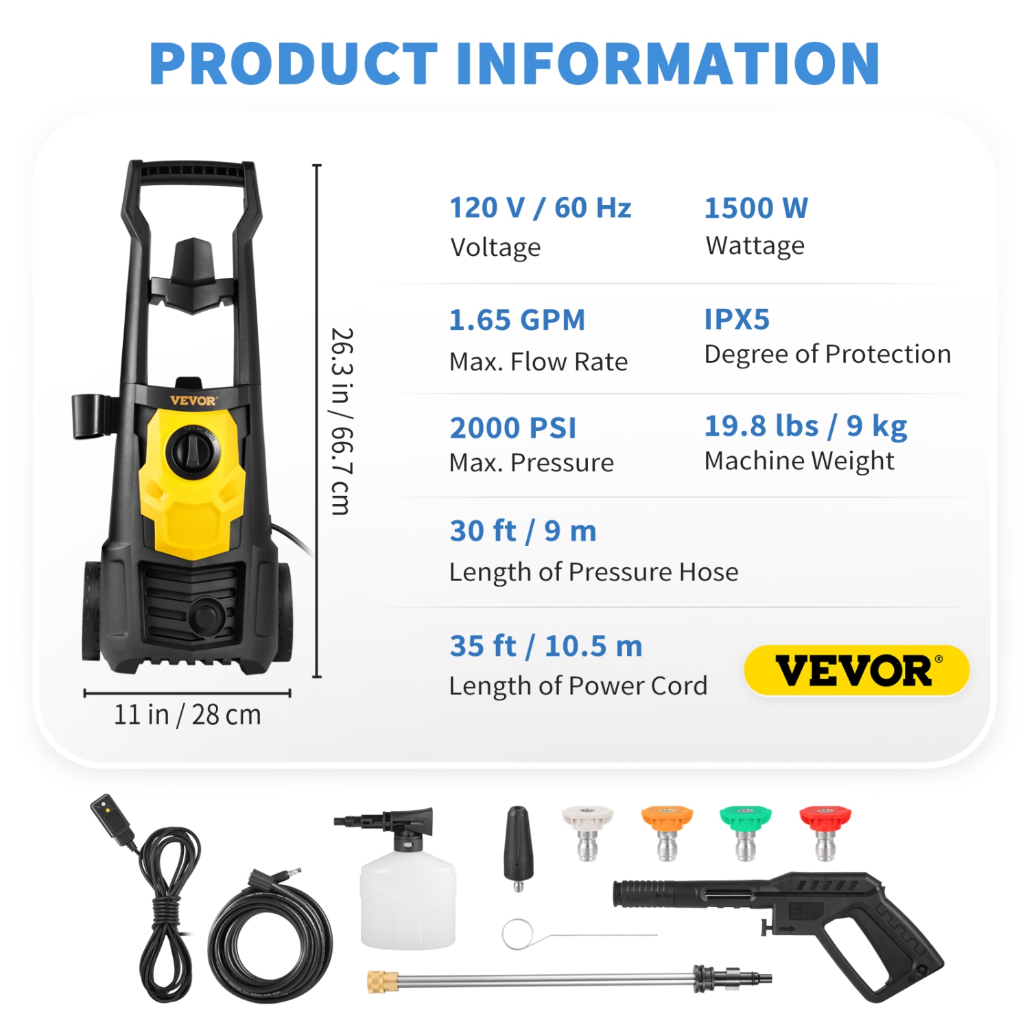 VEVOR 2000 PSI Electric Power Washer, Max 1.65 GPM Pressure Washer with 30 ft Hose & Reel, 5 Quick Connect Nozzles, ETL Listed
