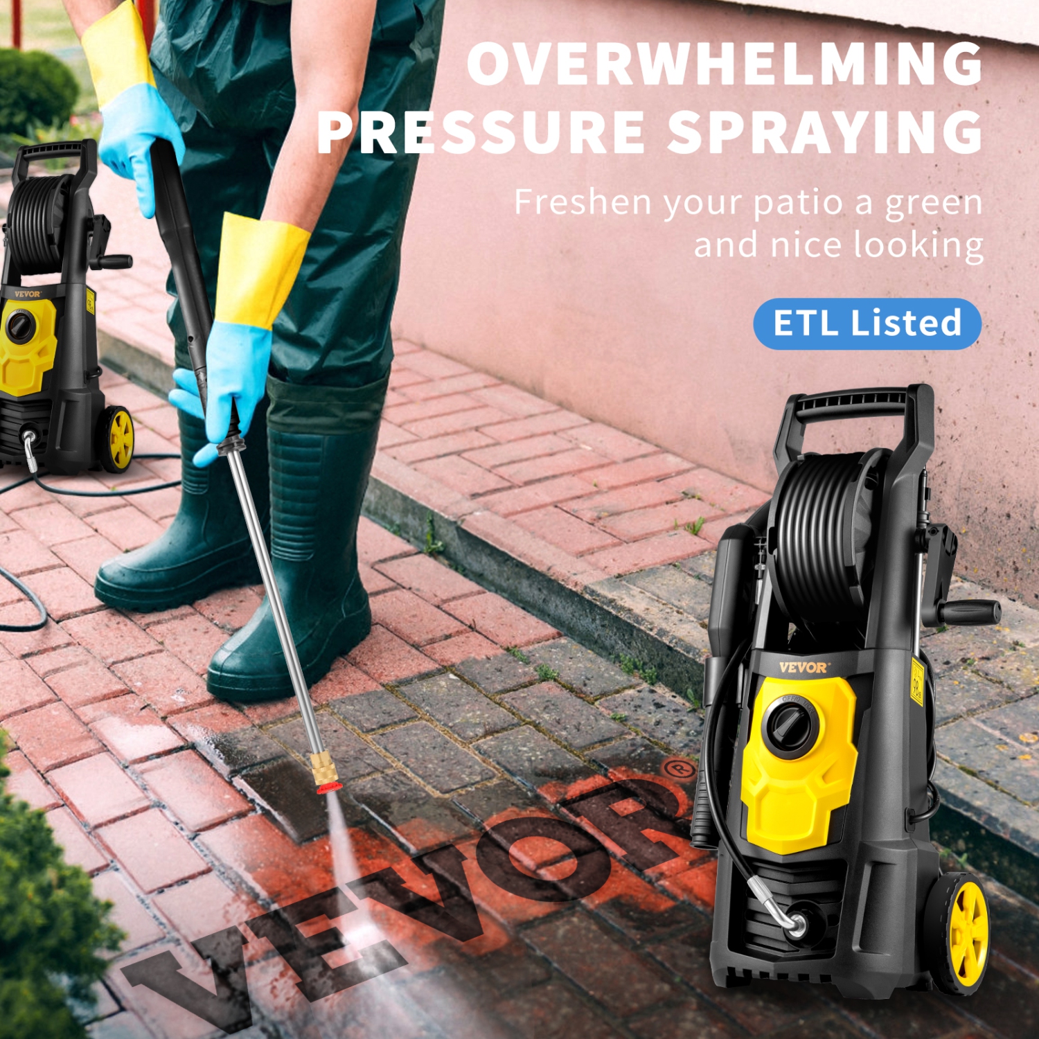 VEVOR 2000 PSI Electric Pressure Washer, Max 1.65 GPM Power Washer with 30 ft Hose & Reel, 5 Quick Connect Nozzles, ETL Listed