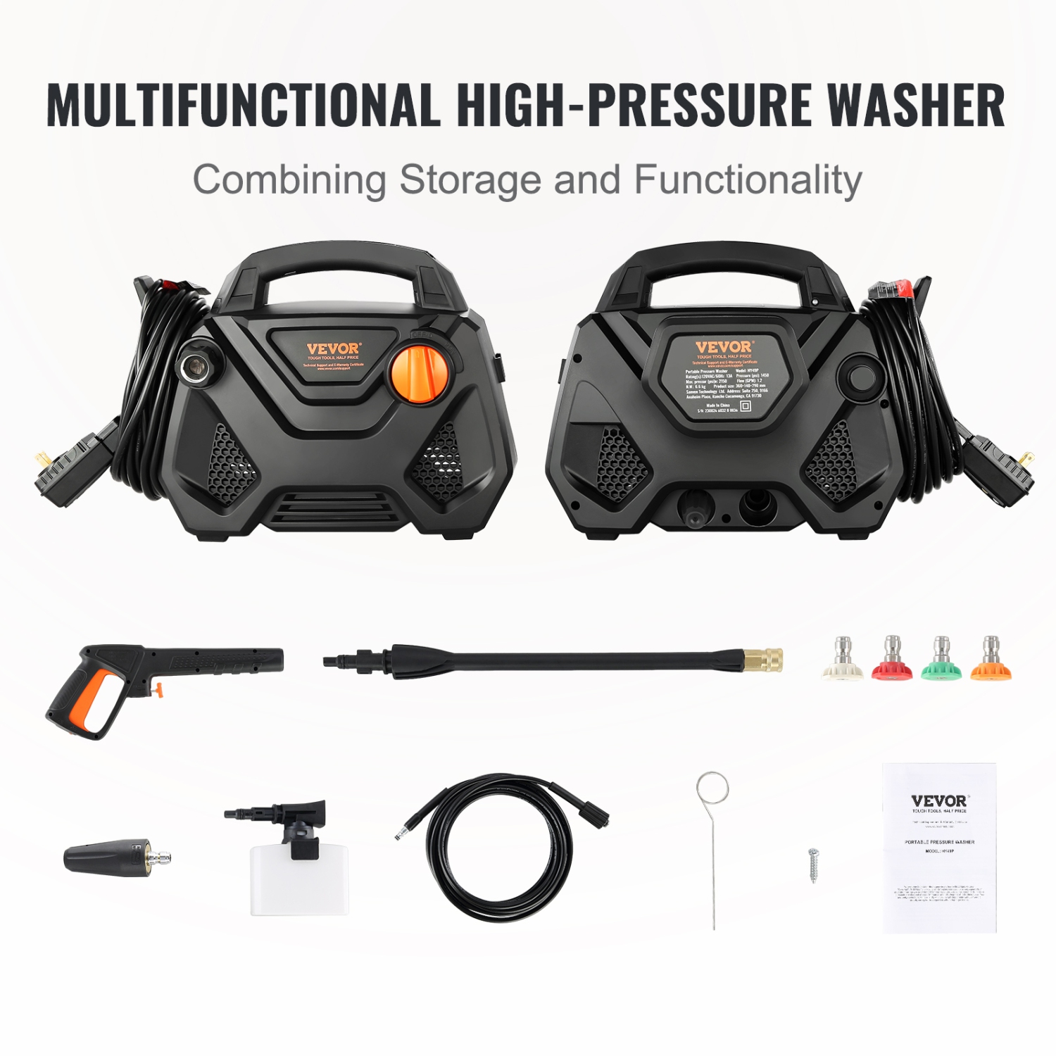 VEVOR 2150 PSI 1.85 GPM Electric Pressure Washer, Foam Cannon High-Pressure with 5 Different Nozzle, 20ft Hose/35ft Cord Lightweight Washer