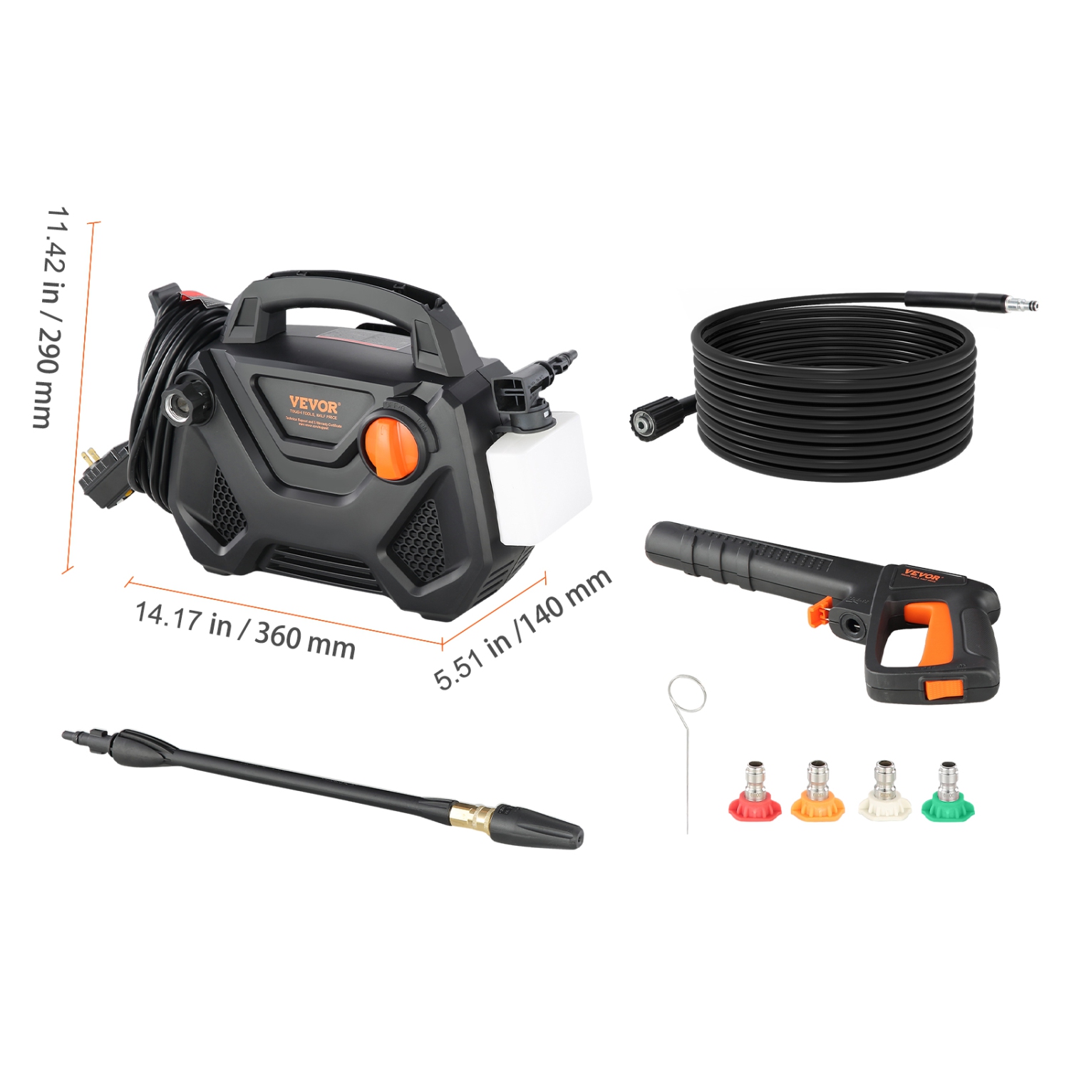 VEVOR 2150 PSI 1.85 GPM Electric Pressure Washer, Foam Cannon High-Pressure with 5 Different Nozzle, 20ft Hose/35ft Cord Lightweight Washer