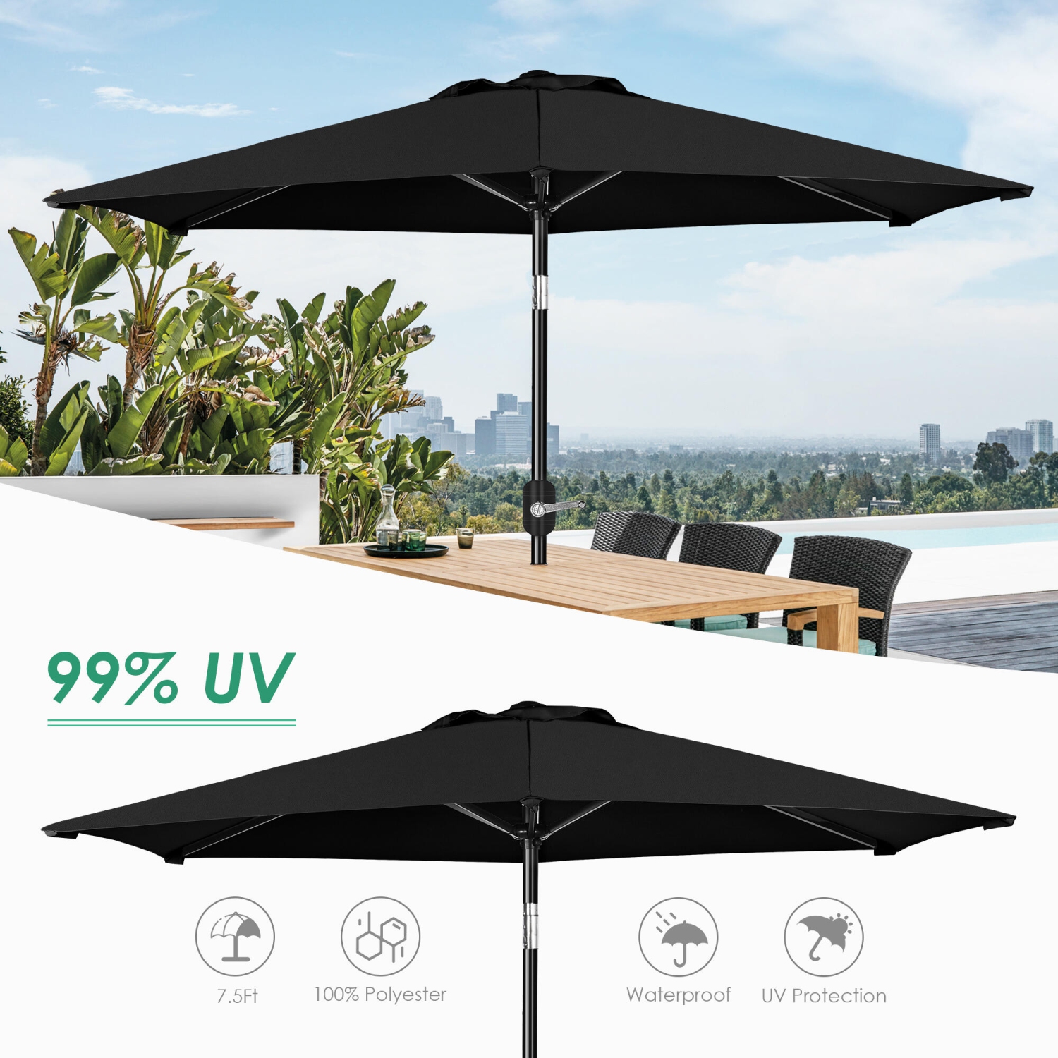 Parasol de patio de 7,5 pi avec inclinaison et manivelle, parasol de table à 6 nervures Parasol pour le jardin et la terrasse