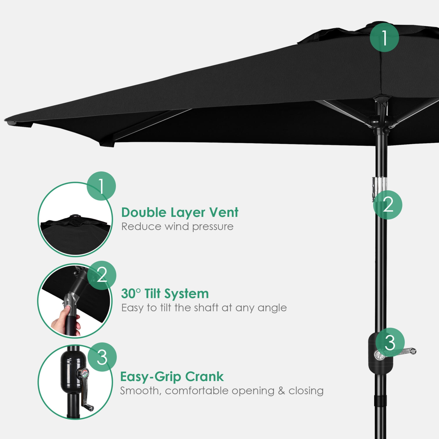 Parasol de patio de 7,5 pi avec inclinaison et manivelle, parasol de table à 6 nervures Parasol pour le jardin et la terrasse