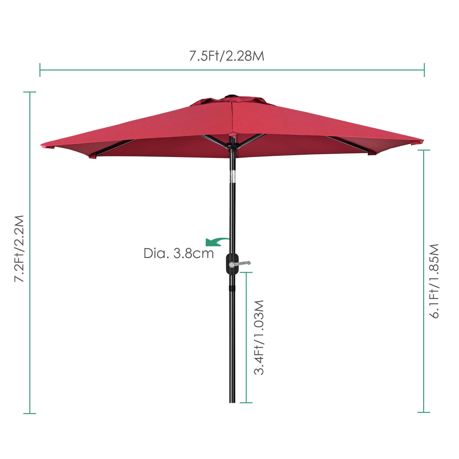Parasol de patio de 7,5 pi avec inclinaison et manivelle, parasol de table à 6 nervures Parasol pour le jardin et la terrasse