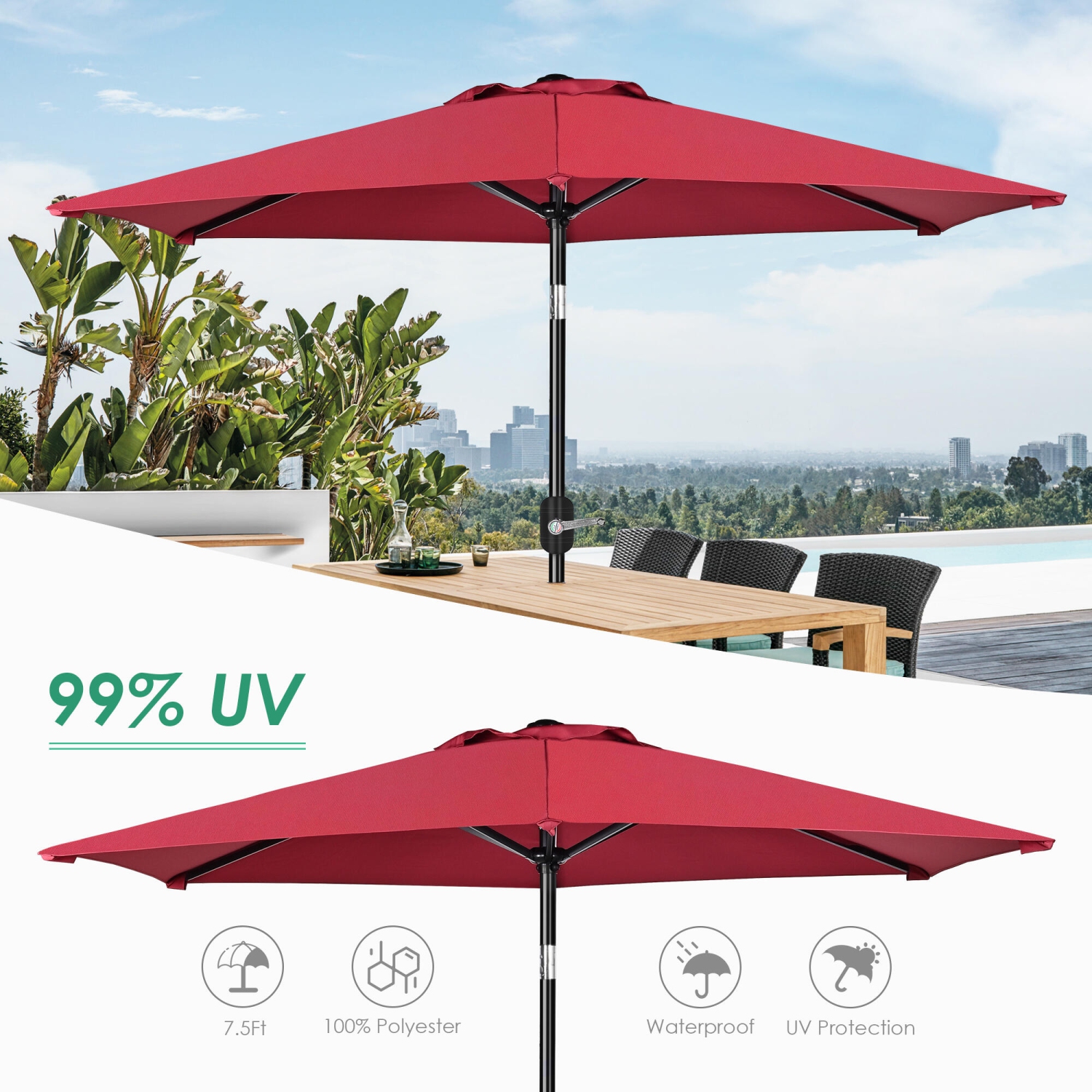 Parasol de patio de 7,5 pi avec inclinaison et manivelle, parasol de table à 6 nervures Parasol pour le jardin et la terrasse
