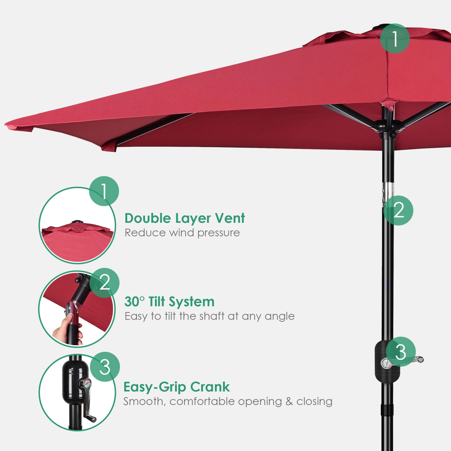 Parasol de patio de 7,5 pi avec inclinaison et manivelle, parasol de table à 6 nervures Parasol pour le jardin et la terrasse