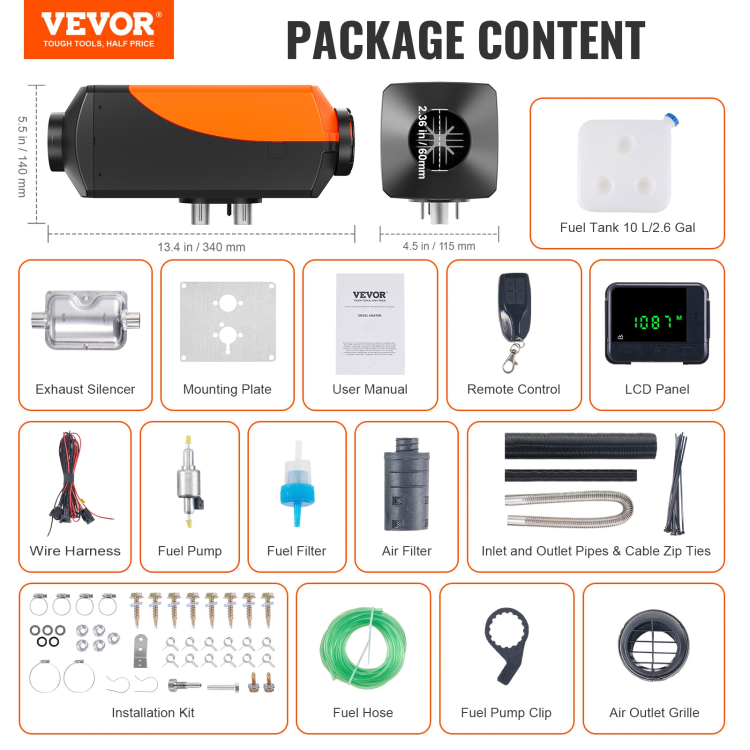 VEVOR Diesel Air Heater, 12V 2KW Diesel Heater with Remote Control and LCD Display, 10L Fuel Tank Diesel Parking Heater, Rapid Heating for RV Trailer