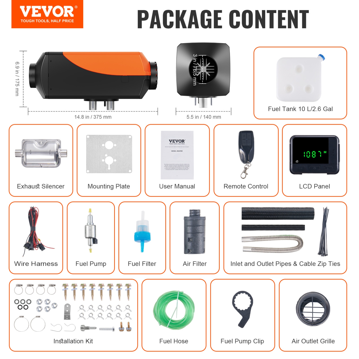 Chauffe-air diesel VEVOR, 12&nbsp;V 5KW avec télécommande et LCD, réservoir 10&nbsp;L pour chauffage rapide, fonctionnement silencieux dans les VR,