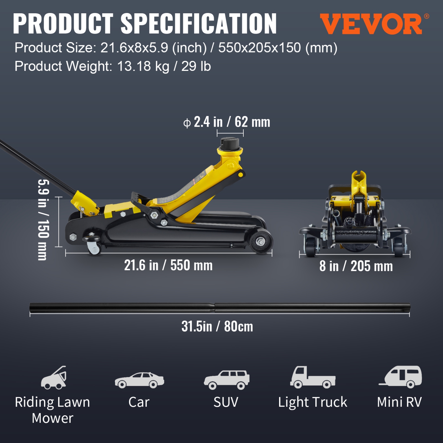 VEVOR Low Profile Floor Jack, 2.5 Ton Slim Profile, Durable Steel Racing Lift with Single Piston Pump, Range 3.35"-14.96"