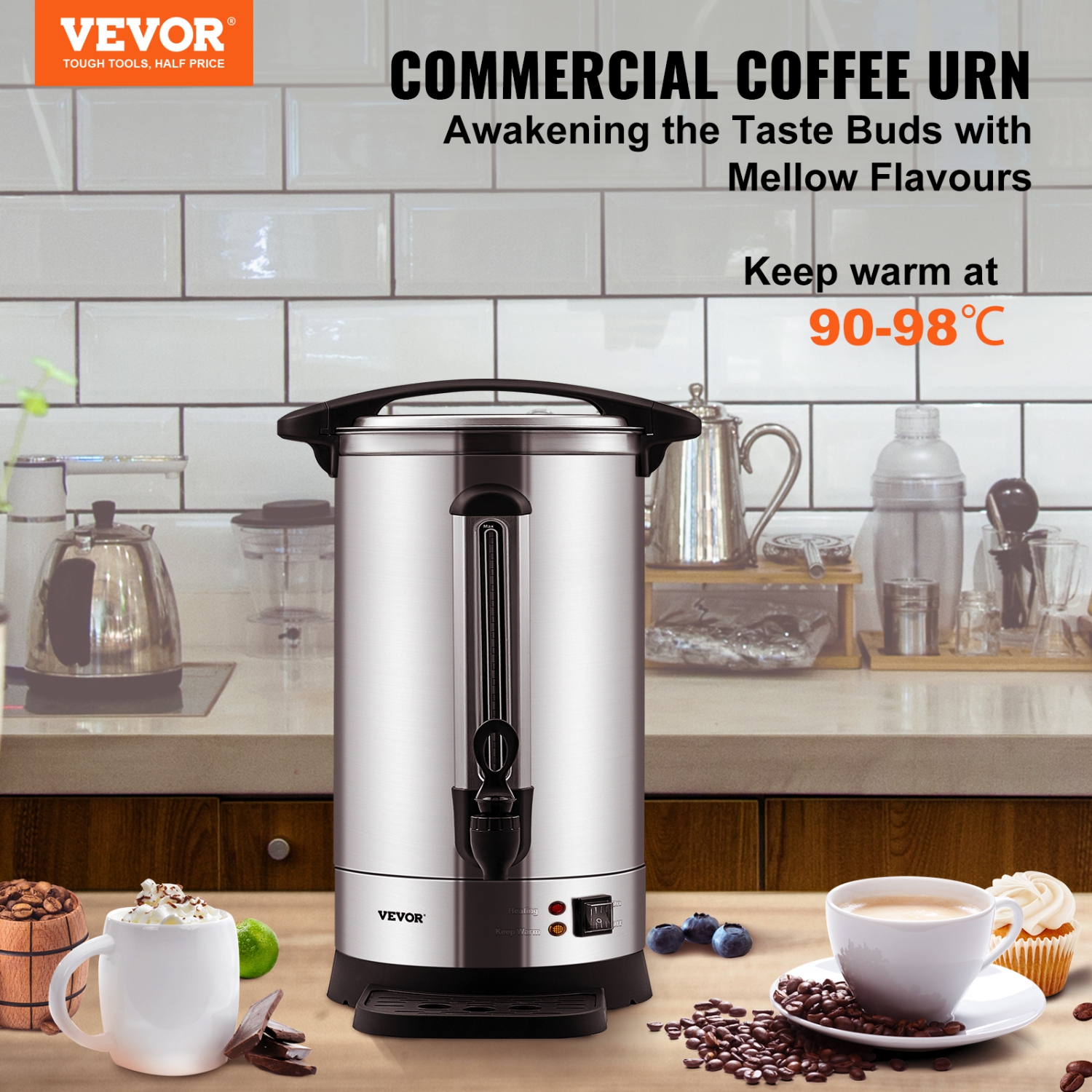 VEVOR Commercial Coffee Urn, 65 Cups Stainless Steel Large Coffee Dispenser, 1500W 110V Electric Coffee Maker Urn For Quick Brewing, Hot Water Urn