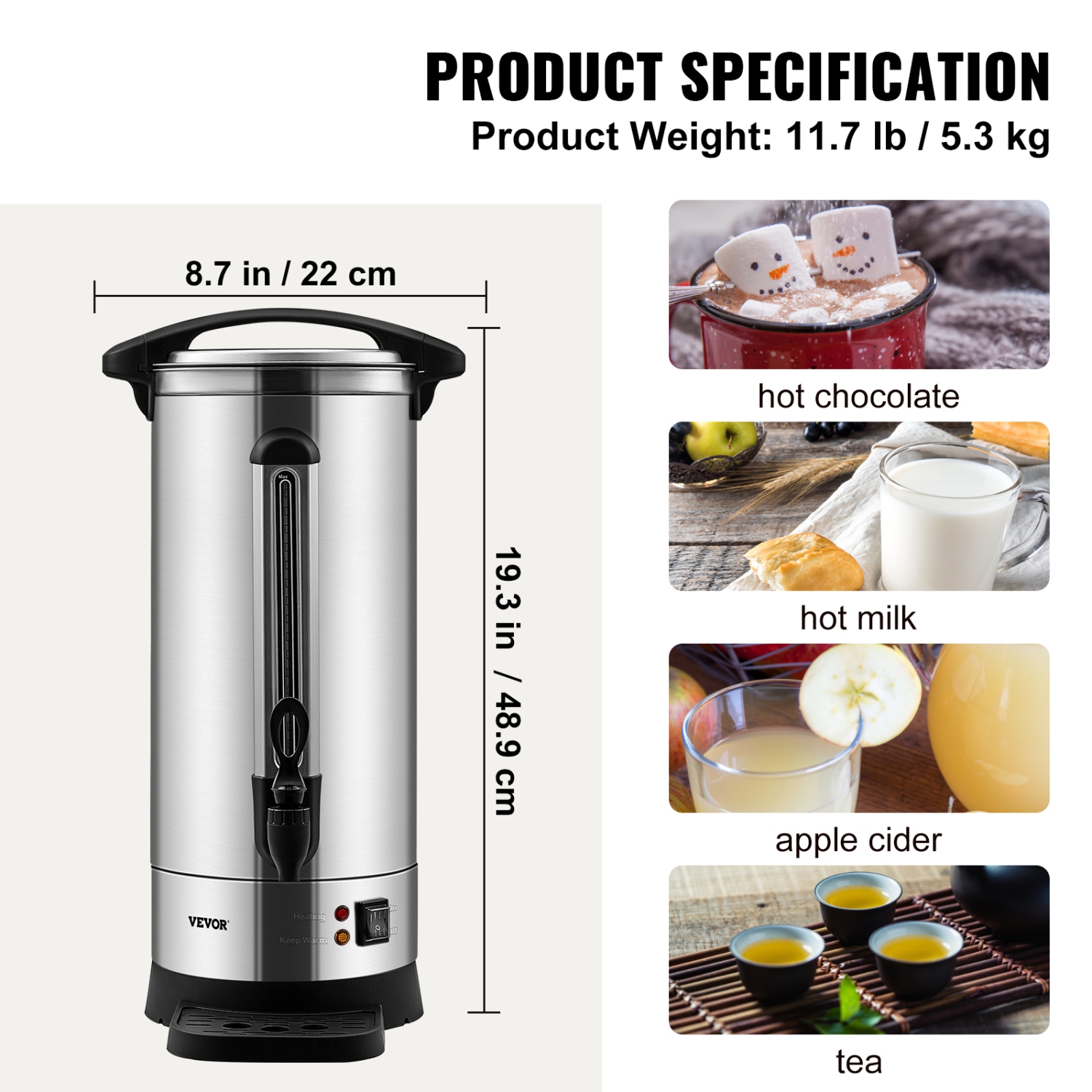 VEVOR Commercial Coffee Urn, 110 Cups Stainless Steel Large Coffee Dispenser, 1500W 110V Electric Coffee Maker Urn For Quick Brewing, Hot Water Urn