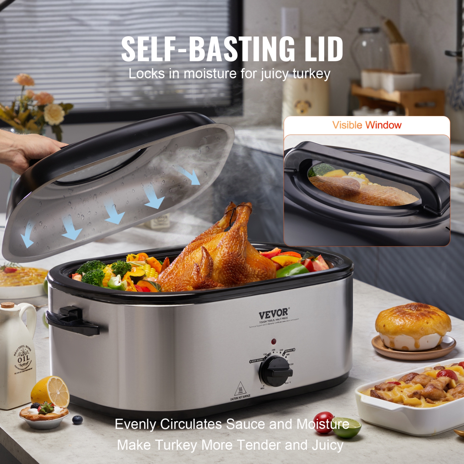 VEVOR Electric Roaster Oven, 24 QT Turkey Roaster Oven with Self-Basting Lid, 1450W Roaster Oven with Defrost & Warm Function, Adjustable Temp,