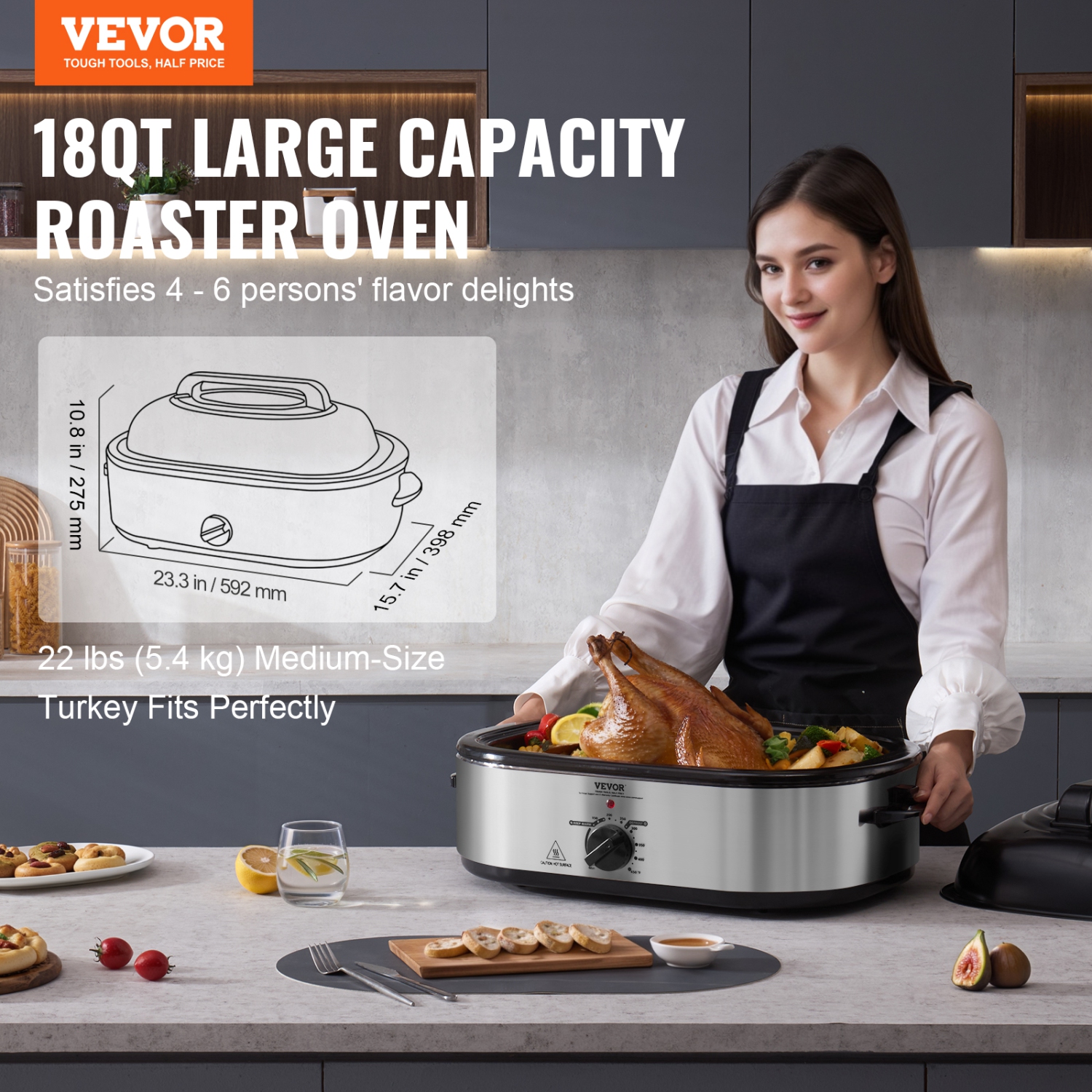VEVOR Electric Roaster Oven, 18 QT Turkey Roaster Oven with Self-Basting Lid, 1450W Roaster Oven with Defrost & Warm Function, Adjustable