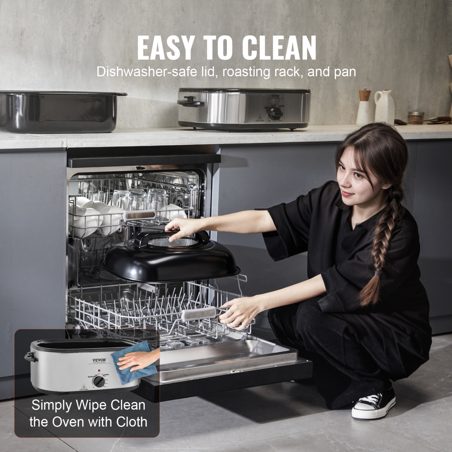 VEVOR Electric Roaster Oven, 26 QT Turkey Roaster Oven with Self-Basting Lid, 1450W Roaster Oven with Defrost & Warm Function, Adjustable