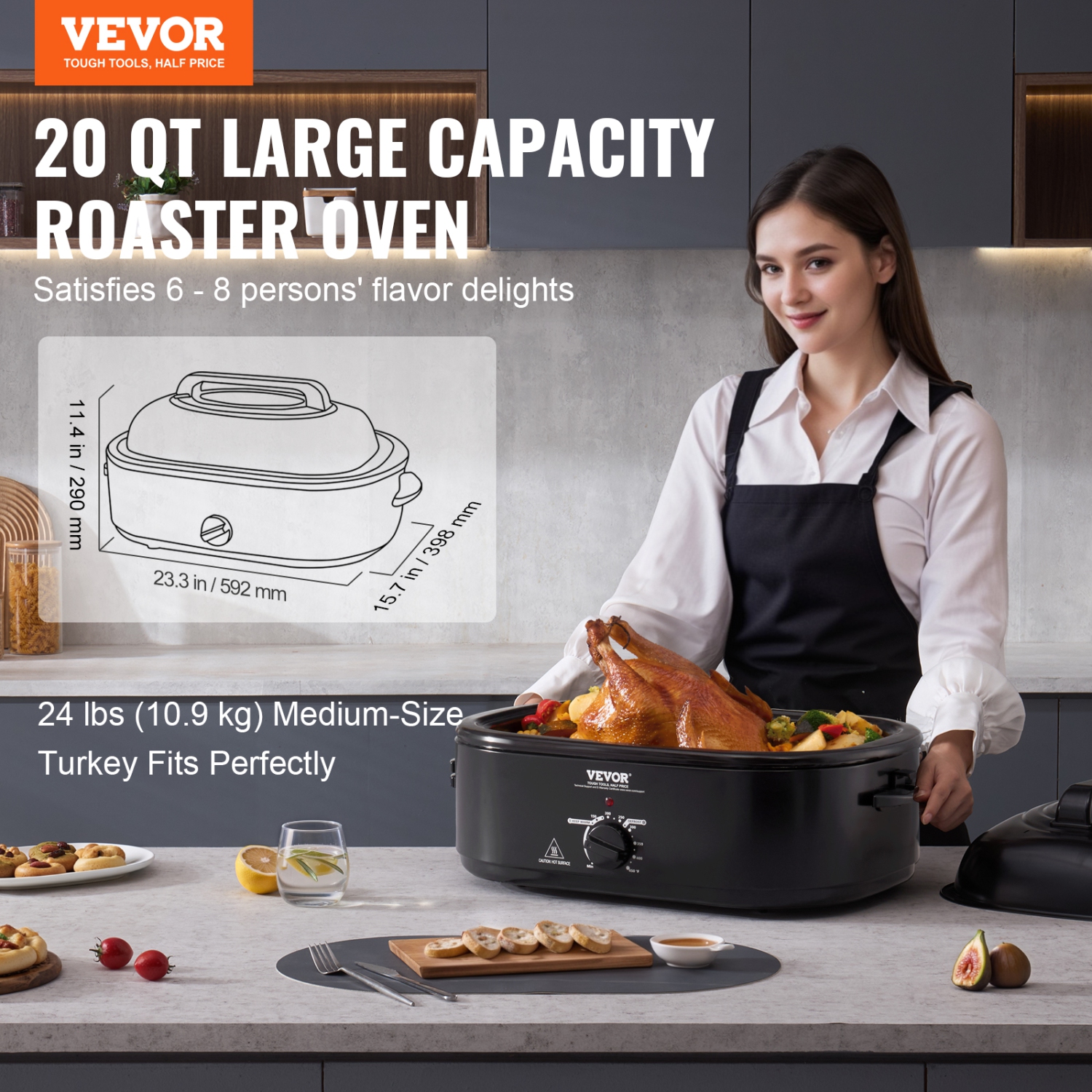 VEVOR Electric Roaster Oven, 20 QT Turkey Roaster Oven with Self-Basting Lid, 1450W Roaster Oven with Defrost & Warm Function, Adjustable