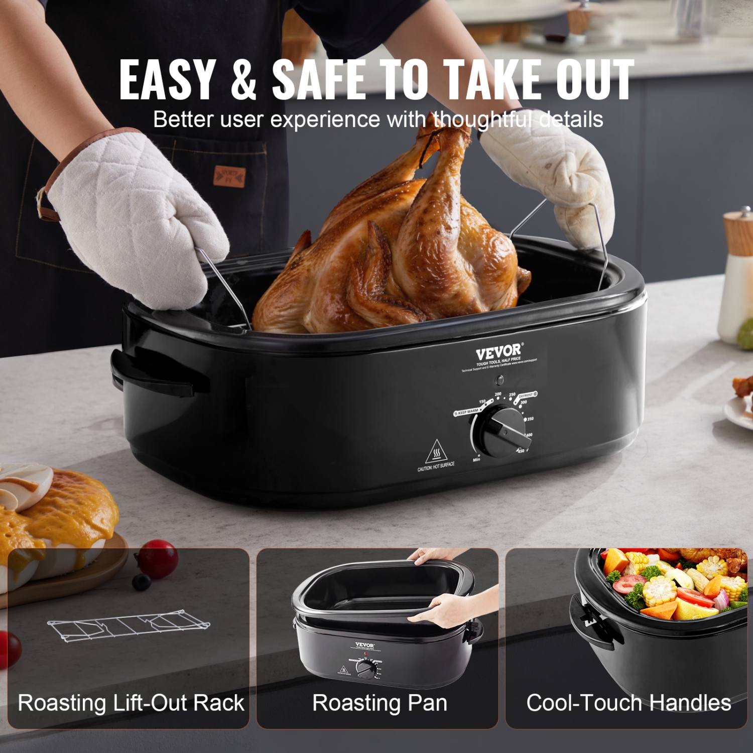 VEVOR Electric Roaster Oven, 20 QT Turkey Roaster Oven with Self-Basting Lid, 1450W Roaster Oven with Defrost & Warm Function, Adjustable