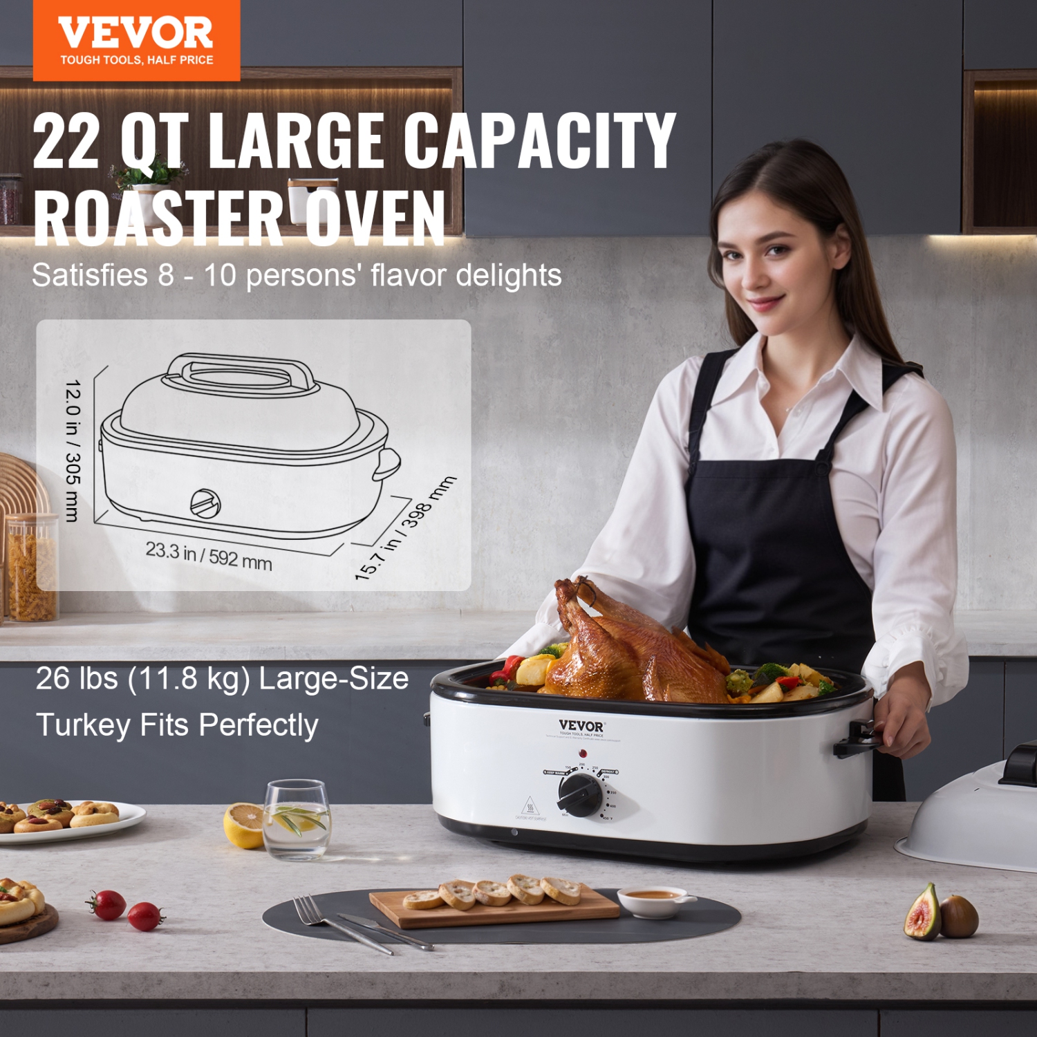 VEVOR Electric Roaster Oven, 22 QT Turkey Roaster Oven with Self-Basting Lid, 1450W Roaster Oven with Defrost & Warm Function, Adjustable Temp,