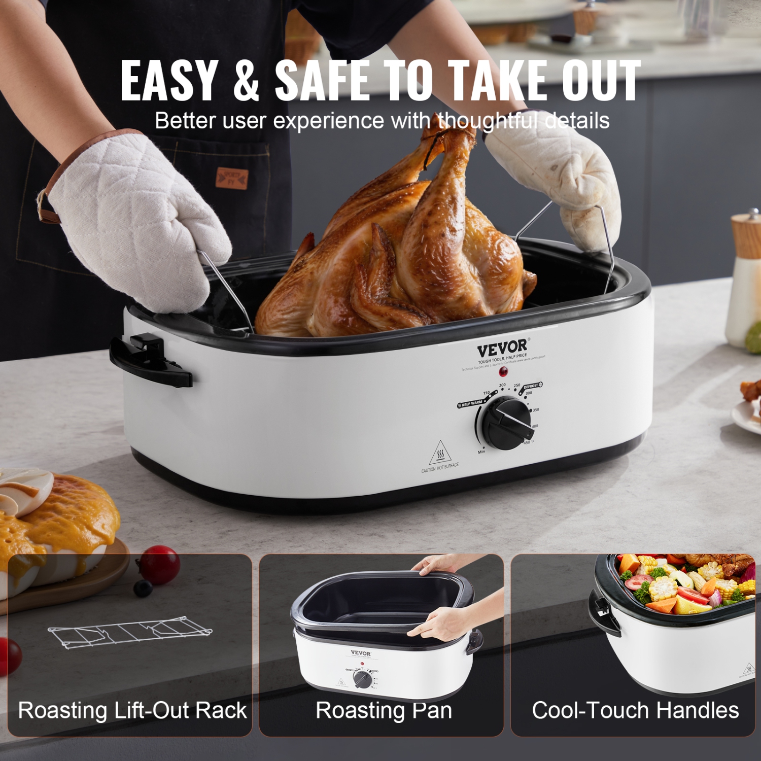 VEVOR Electric Roaster Oven, 22 QT Turkey Roaster Oven with Self-Basting Lid, 1450W Roaster Oven with Defrost & Warm Function, Adjustable Temp,