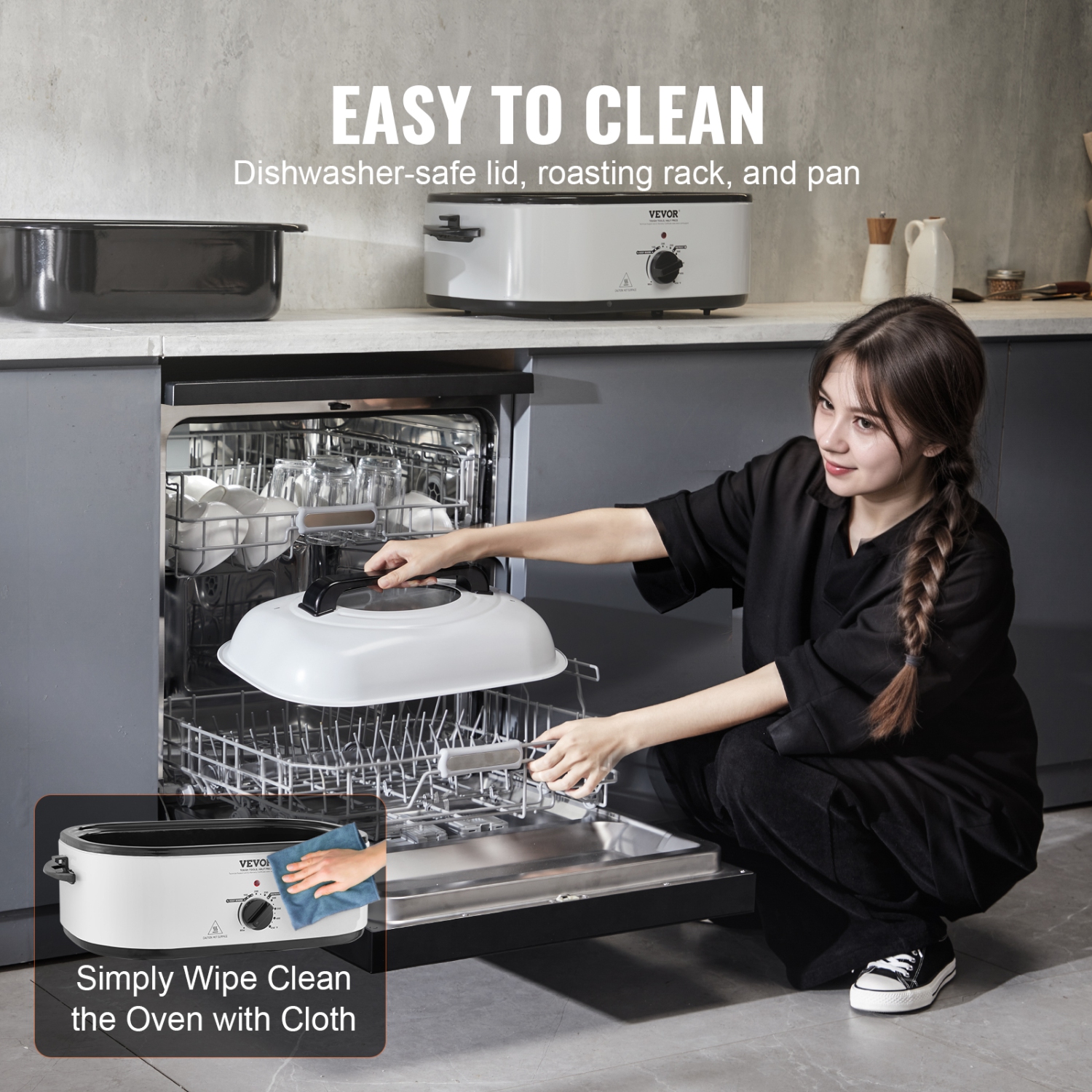 VEVOR Electric Roaster Oven, 22 QT Turkey Roaster Oven with Self-Basting Lid, 1450W Roaster Oven with Defrost & Warm Function, Adjustable Temp,