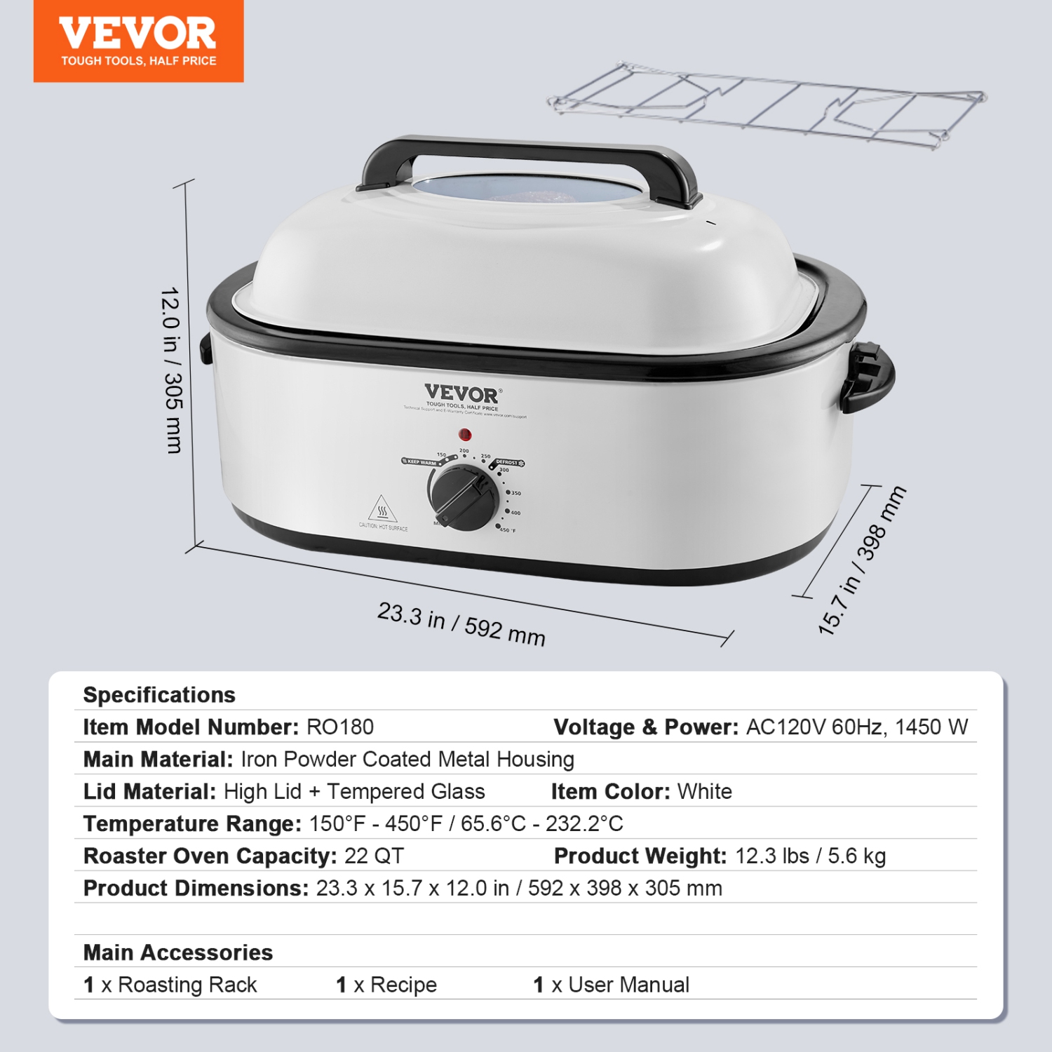VEVOR Electric Roaster Oven, 22 QT Turkey Roaster Oven with Self-Basting Lid, 1450W Roaster Oven with Defrost & Warm Function, Adjustable Temp,