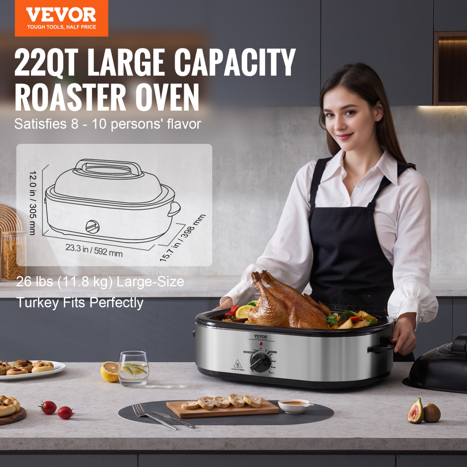 VEVOR Electric Roaster Oven, 22 QT Turkey Roaster Oven with Self-Basting Lid, 1450W Roaster Oven with Defrost & Warm Function, Adjustable Temp,