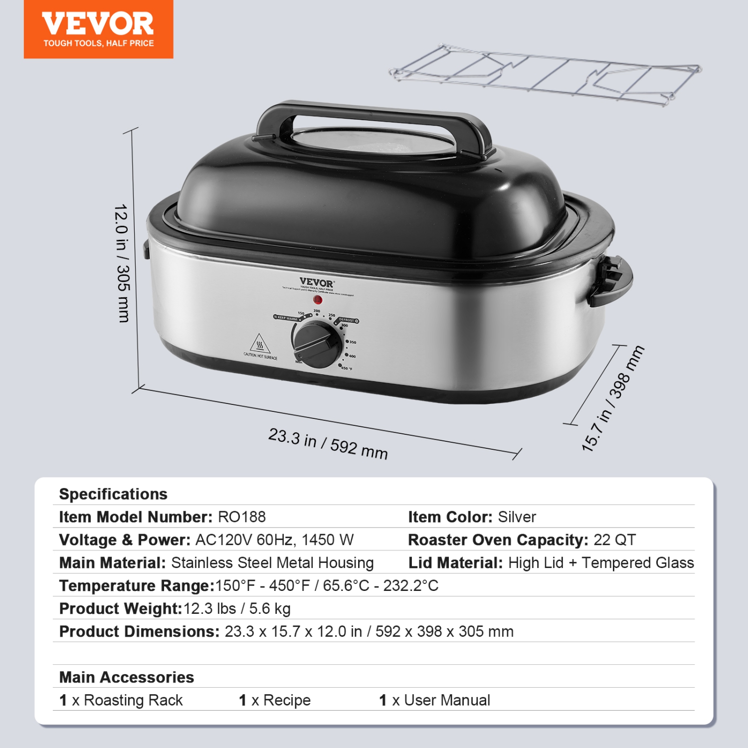 VEVOR Electric Roaster Oven, 22 QT Turkey Roaster Oven with Self-Basting Lid, 1450W Roaster Oven with Defrost & Warm Function, Adjustable Temp,