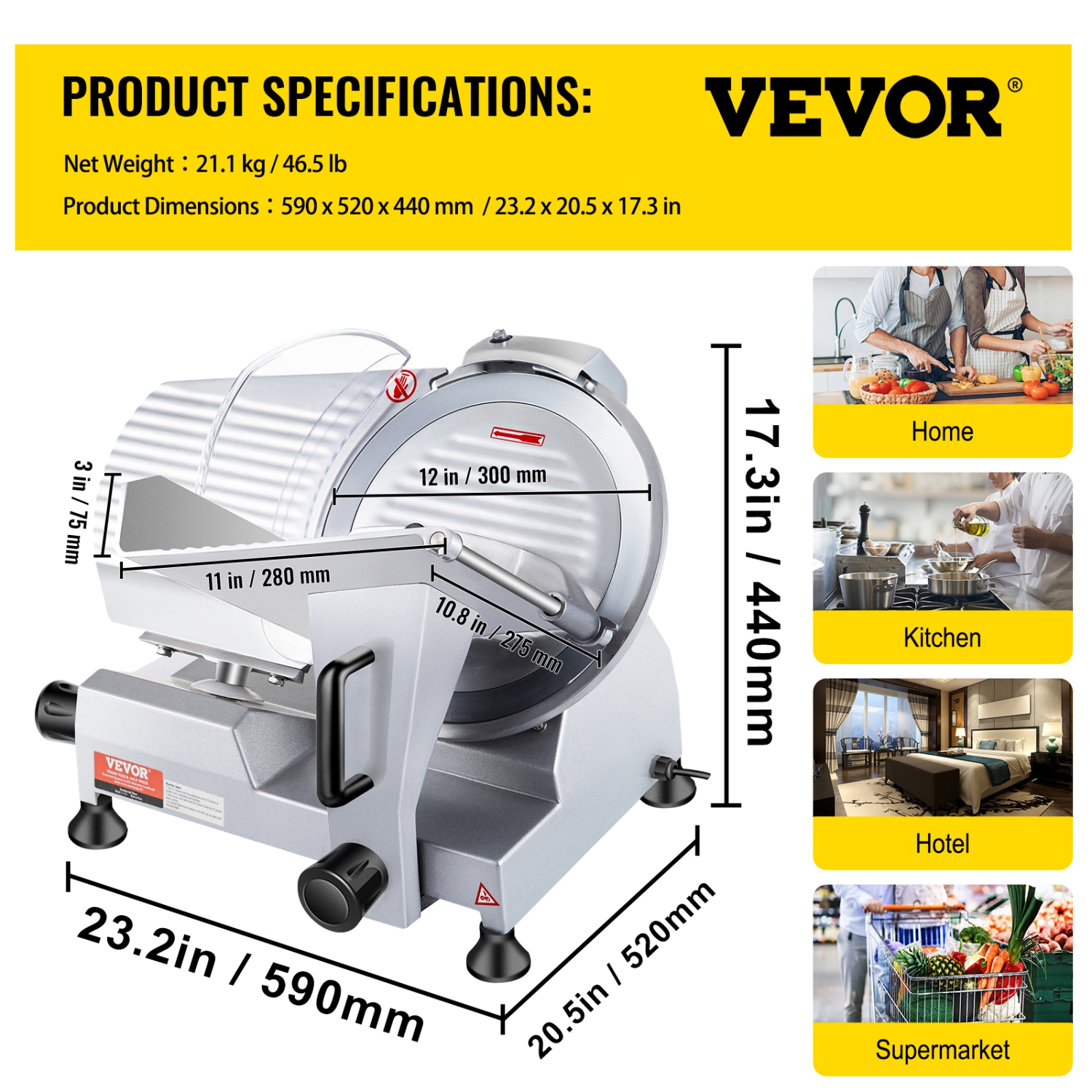 VEVOR Commercial Meat Slicer, 320W Electric Deli Food Slicer, 12 inch Carbon Steel Blade Electric Food Slicer, 350-400RPM Meat Slicer, 0-0.6 inch