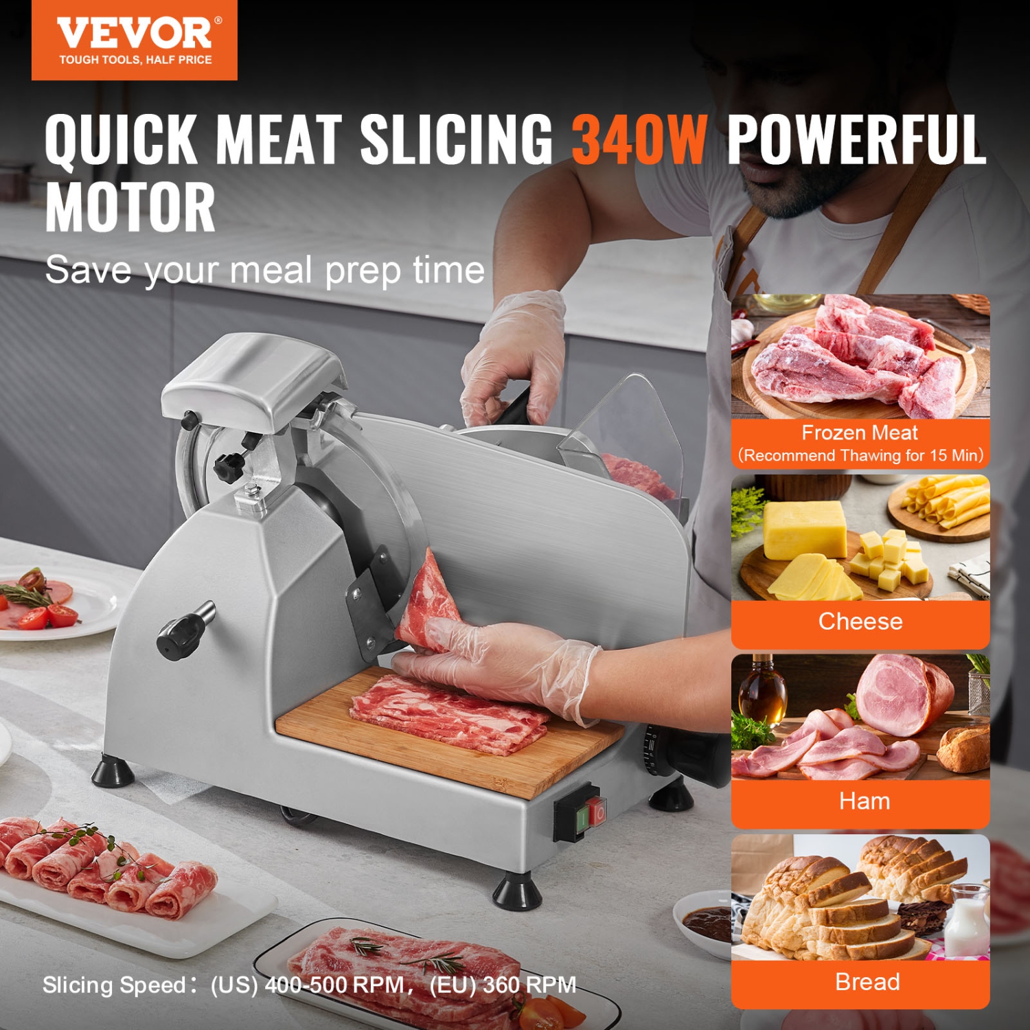 VEVOR Meat Slicer, 340W Electric Deli Food Slicer with 10" SUS420 Stainless Steel Blade and Built-in Sharpening Stone, 0-0.6 inch Adjustable
