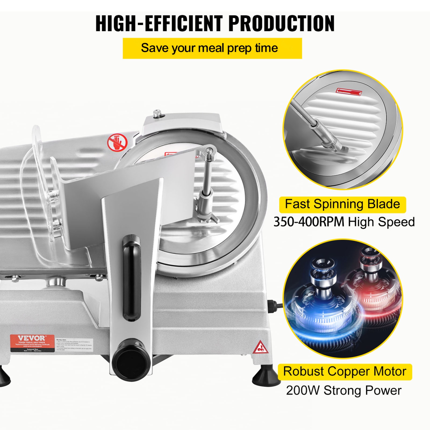 VEVOR Commercial Meat Slicer, 200W Electric Deli Food Slicer, 350-400RPM Meat Slicer with 8" Carbon Steel Blade, 0 - 0.47 inch Adjustable Thickness