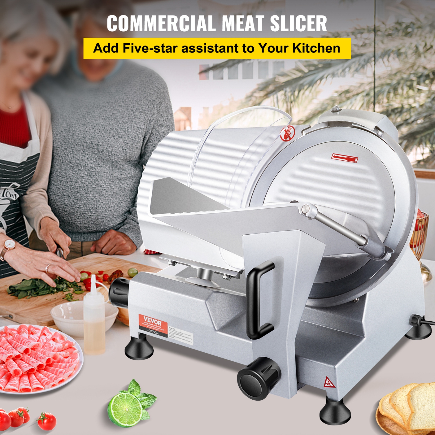 VEVOR 240W Commercial Meat Slicer, Electric Deli Food Slicer, 10" Carbon Steel Blade Electric Food Slicer, 350-400RPM Meat Slicer, 0 - 0.47 inch