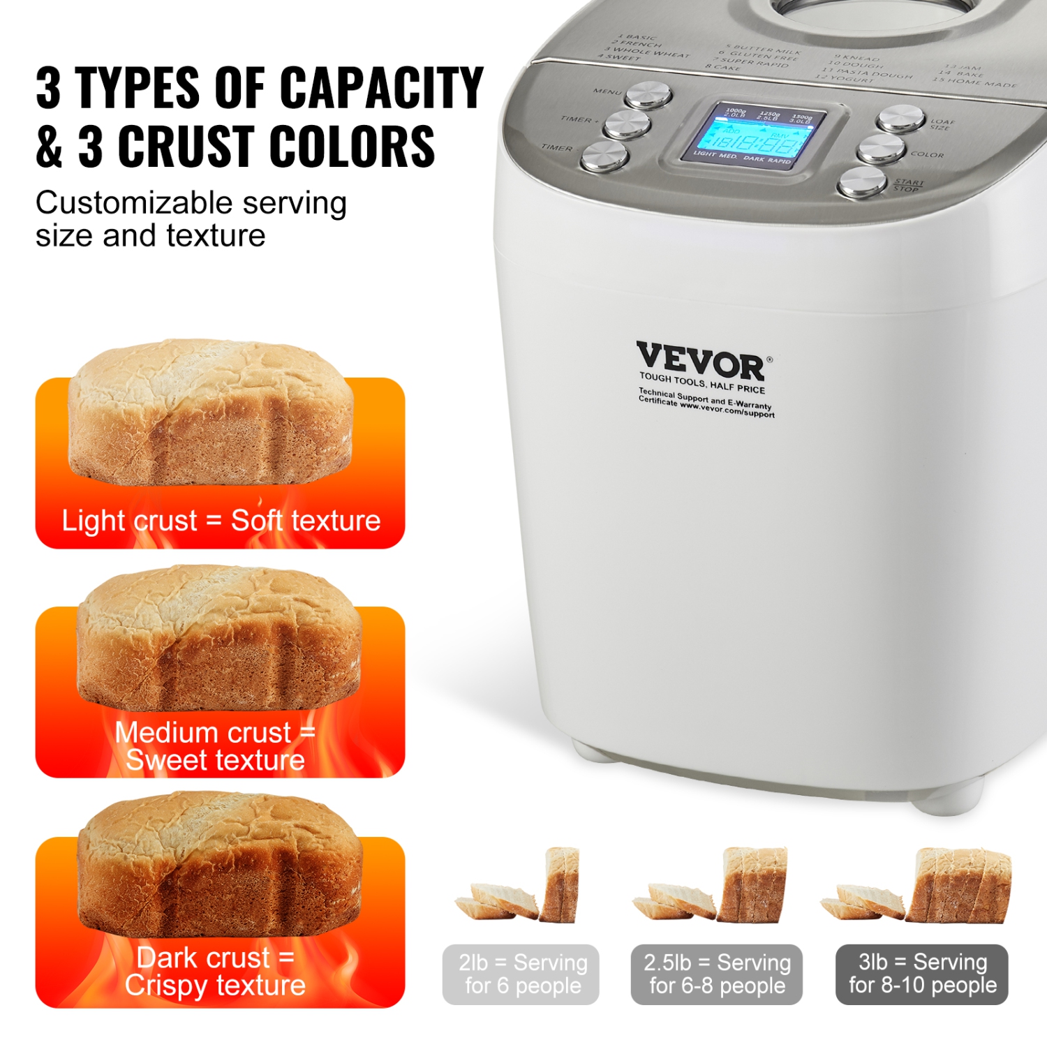 VEVOR Bread Maker, 15-in-1 3LB Dough Machine, Nonstick Ceramic Pan Automatic Breadmaker with Gluten Free Setting, Whole Wheat Bread Making, Digital,