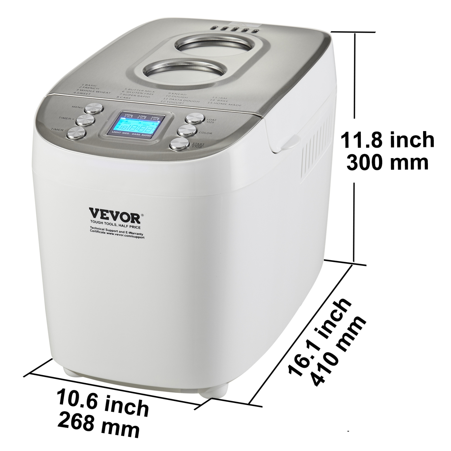 VEVOR Bread Maker, 15-in-1 3LB Dough Machine, Nonstick Ceramic Pan Automatic Breadmaker with Gluten Free Setting, Whole Wheat Bread Making, Digital,
