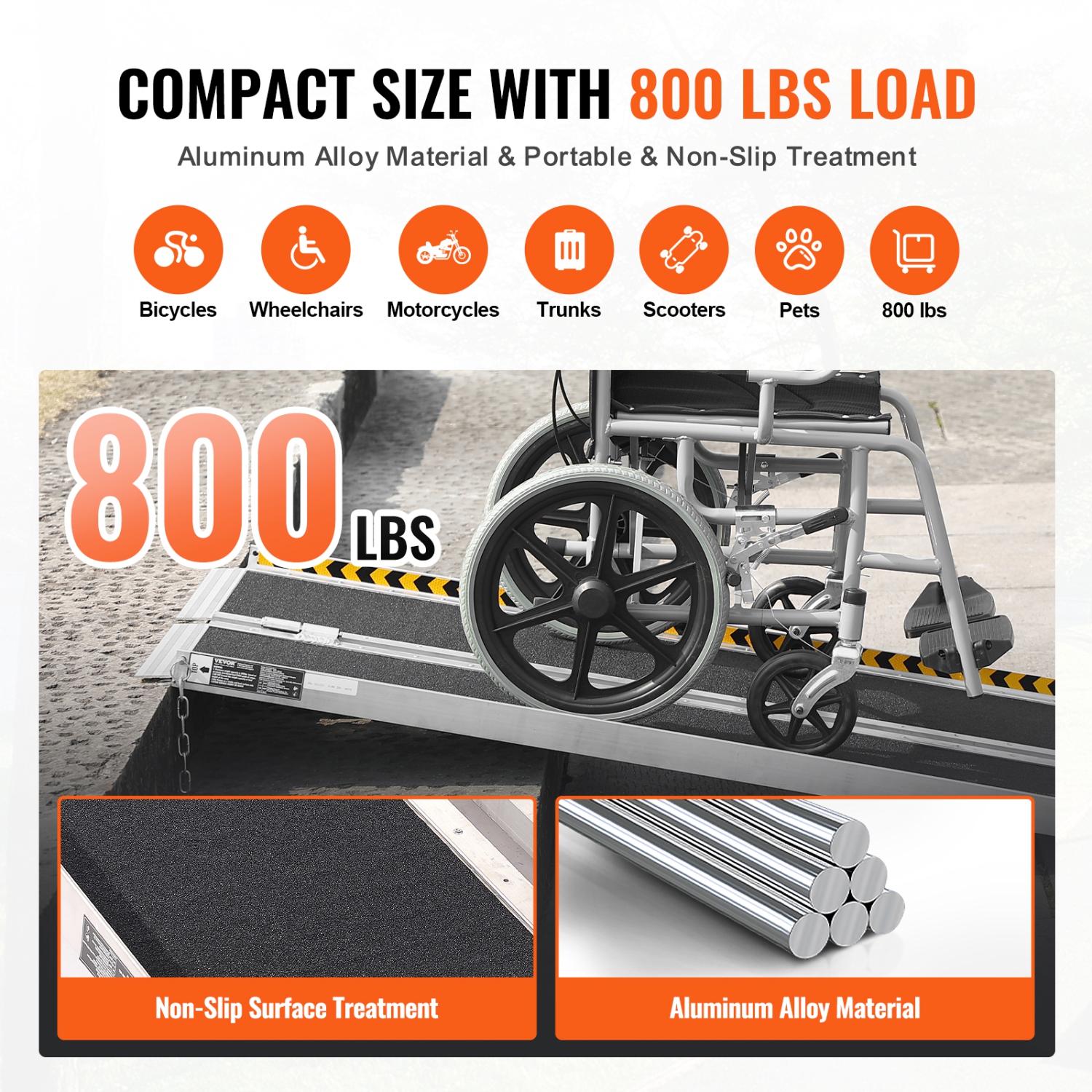 VEVOR 6 ft Portable Wheelchair Ramp,800 lbs Capacity, Non-Slip Aluminum Folding Threshold Ramp, Foldable Mobility Scooter Ramp Wheel Chair Ramp,