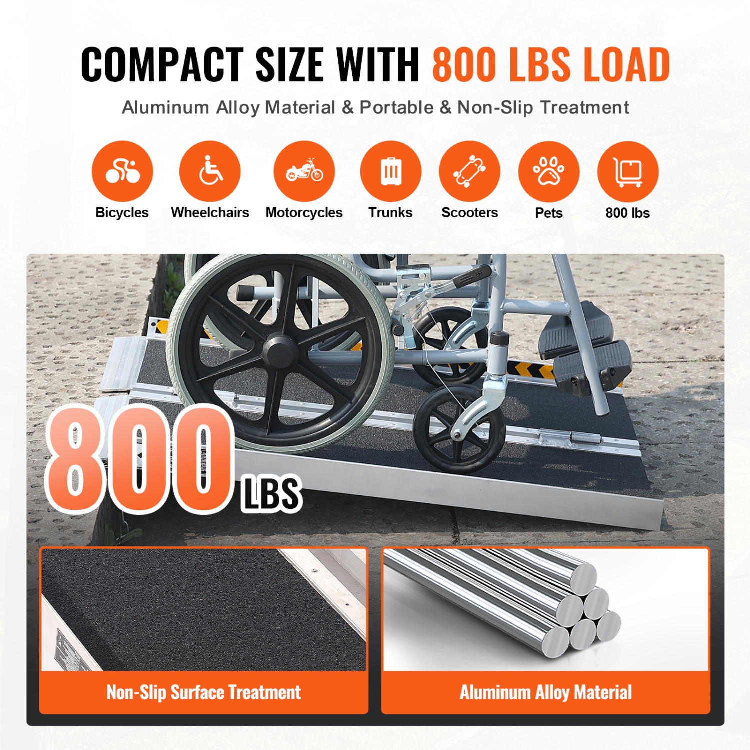 VEVOR 2 ft Wheelchair Ramp,800 lbs Capacity, Non-Slip Aluminum Folding Threshold Ramp, Foldable Mobility Scooter Ramp Wheel Chair Ramp, Handicap Ramp