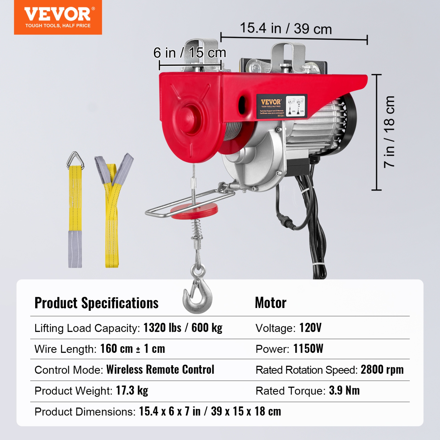 VEVOR 1320 lbs Electric Hoist,Lifting Capacity, 1150W 110V Electric Steel Wire Winch with Wireless Remote Control, 40ft Single Cable Lifting Height &