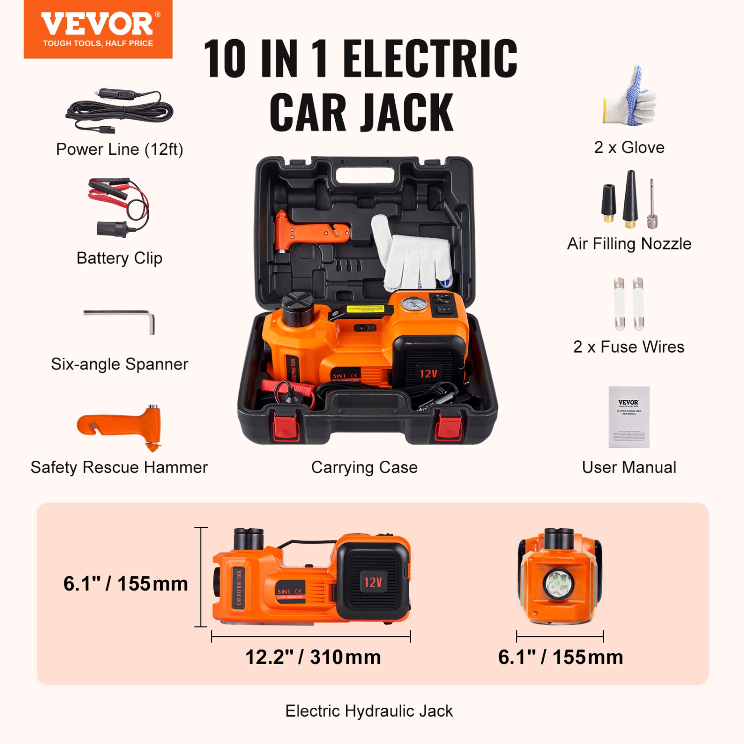 Cric électrique VEVOR pour l'auto, cric hydraulique de 5 tonnes/11023 LB, cric d'auto portatif avec pompe gonflable intégrée et lampe LED