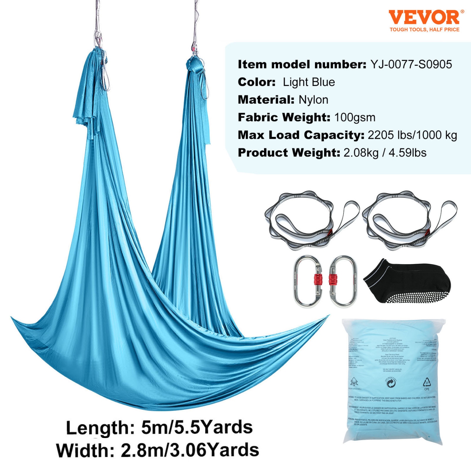 VEVOR 5.5 Yards Yoga Swing Aerial Hammock Nylon Hanging Sling Inversion Blue