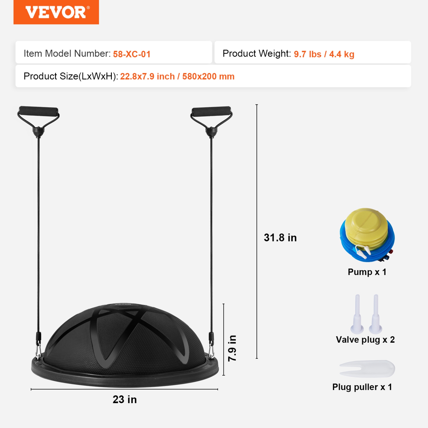 VEVOR 23 inch Half Exercise Ball Trainer, Balance Ball Trainer, 660 lbs Capacity Stability Ball, Yoga Ball with Resistance Bands and Pump, Strength