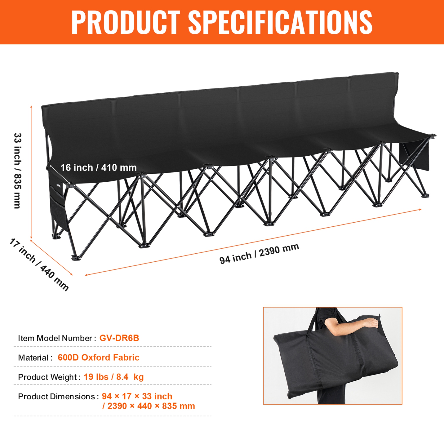 VEVOR 6 Seats Portable Folding Bench, Foldable Sideline Bench, Camping Bench Chair with Bag & Backrest, Team Sport Bench for Football Fishing, No