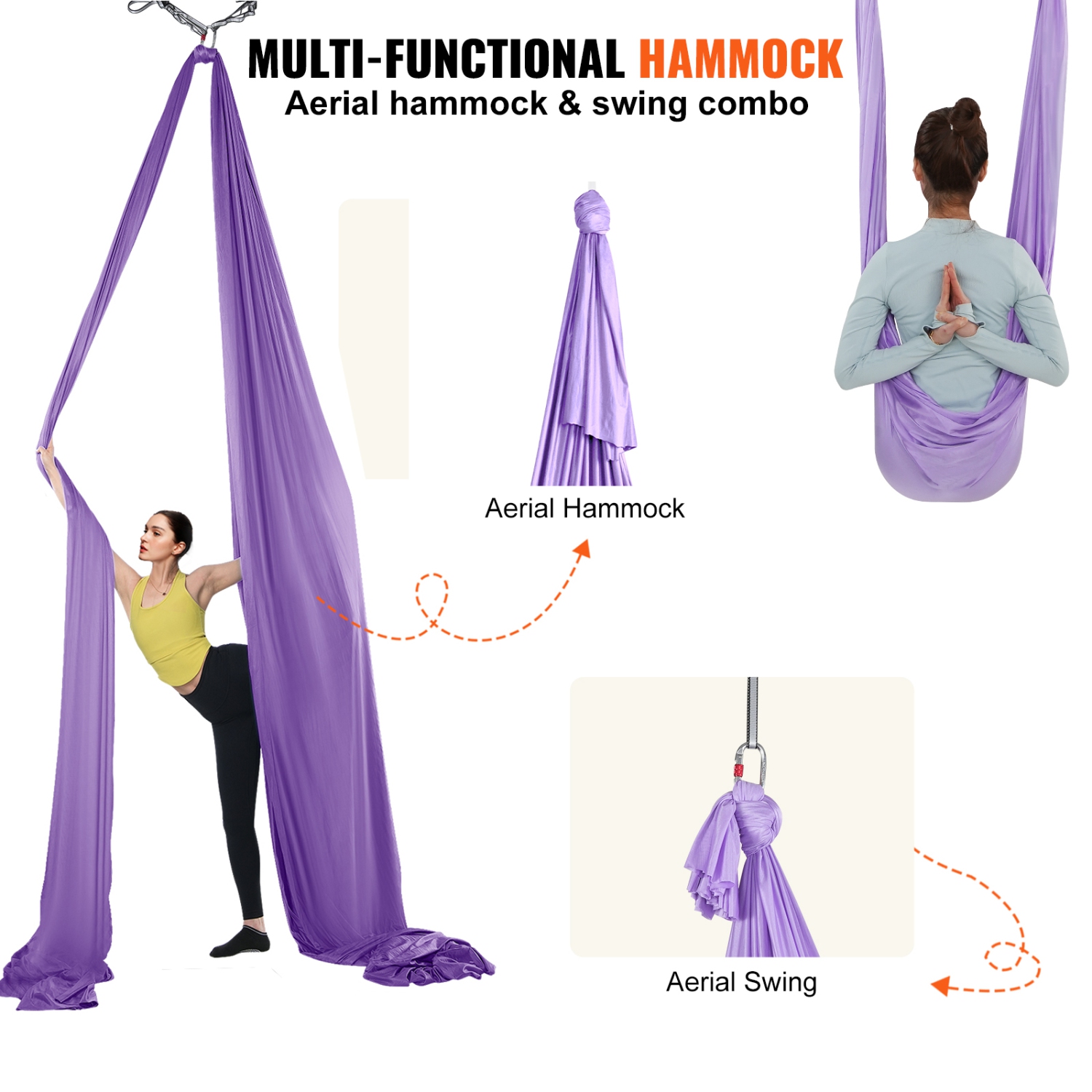 Hamac aérien pour balançoires de yoga de VEVOR - Bandoulière suspendue en nylon de 4,4 verges pour inversions - Violet