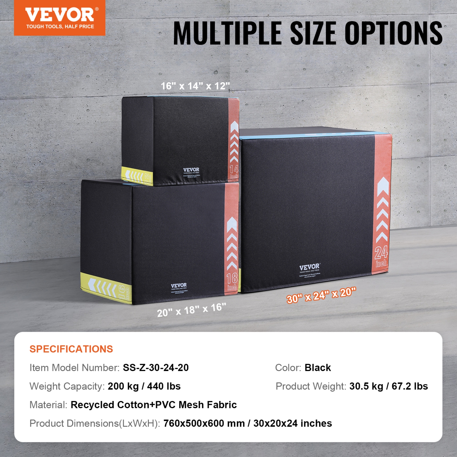 VEVOR 30/24/20 Inch 3 in 1 Plyometric Jump Box Fitness Exercise Plyo Box Cotton